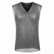 Metallic-chain apparel top shirt armor chainmail sleeveless shiny heavy weighted butted-rings 4-in-1 european fetish fashion alt-fashion alternative punk goth gothic renaissance festival renfaire costume cosplay halloween halloween-accessories knight warrior paladin male masculine masc mens menswear guys dudes unisex silver