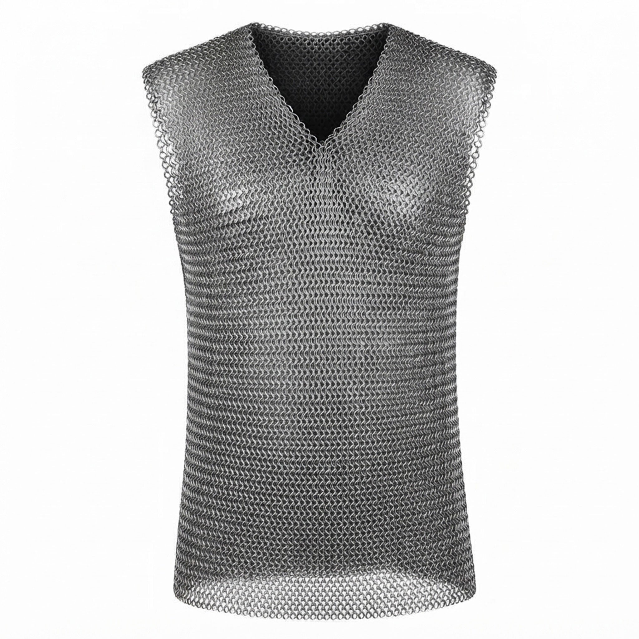 Metallic-chain apparel top shirt armor chainmail sleeveless shiny heavy weighted butted-rings 4-in-1 european fetish fashion alt-fashion alternative punk goth gothic renaissance festival renfaire costume cosplay halloween halloween-accessories knight warrior paladin male masculine masc mens menswear guys dudes unisex silver