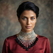 Aluminum synthetic accessories jewelry necklace choker chainmail tassels dangling high-neck high-collar adjustable hook-closure back-closure elegant statement modern sophisticated bold edgy fetish fashion alt-fashion alternative punk goth gothic tribal festival eveningwear costume cosplay halloween witch vampire female femme feminine womens silver black
