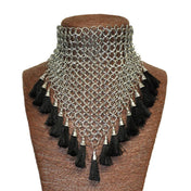 Aluminum synthetic accessories jewelry necklace choker chainmail tassels dangling high-neck high-collar adjustable hook-closure back-closure elegant statement modern sophisticated bold edgy fetish fashion alt-fashion alternative punk goth gothic tribal festival eveningwear costume cosplay halloween witch vampire female femme feminine womens silver black