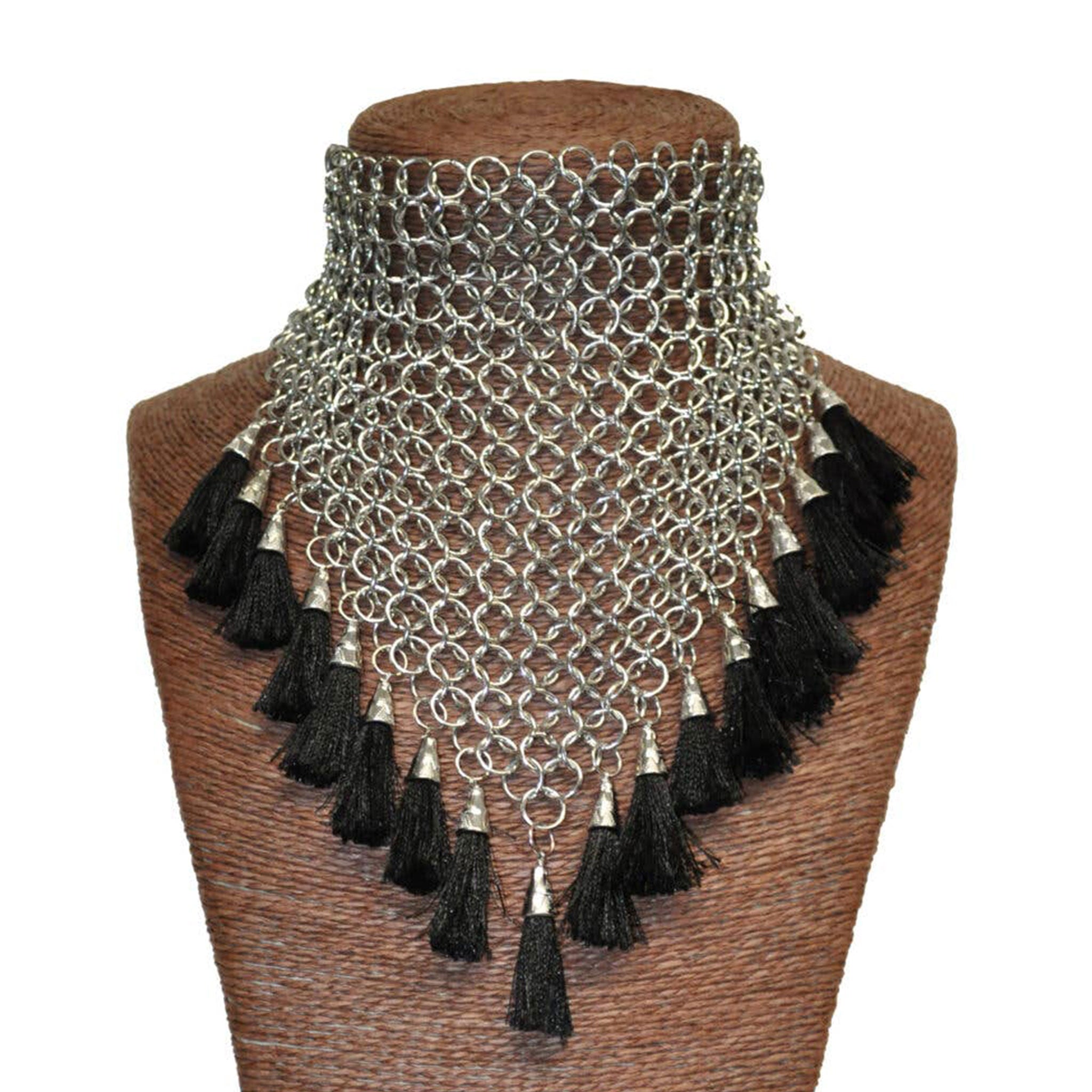Aluminum synthetic accessories jewelry necklace choker chainmail tassels dangling high-neck high-collar adjustable hook-closure back-closure elegant statement modern sophisticated bold edgy fetish fashion alt-fashion alternative punk goth gothic tribal festival eveningwear costume cosplay halloween witch vampire female femme feminine womens silver black