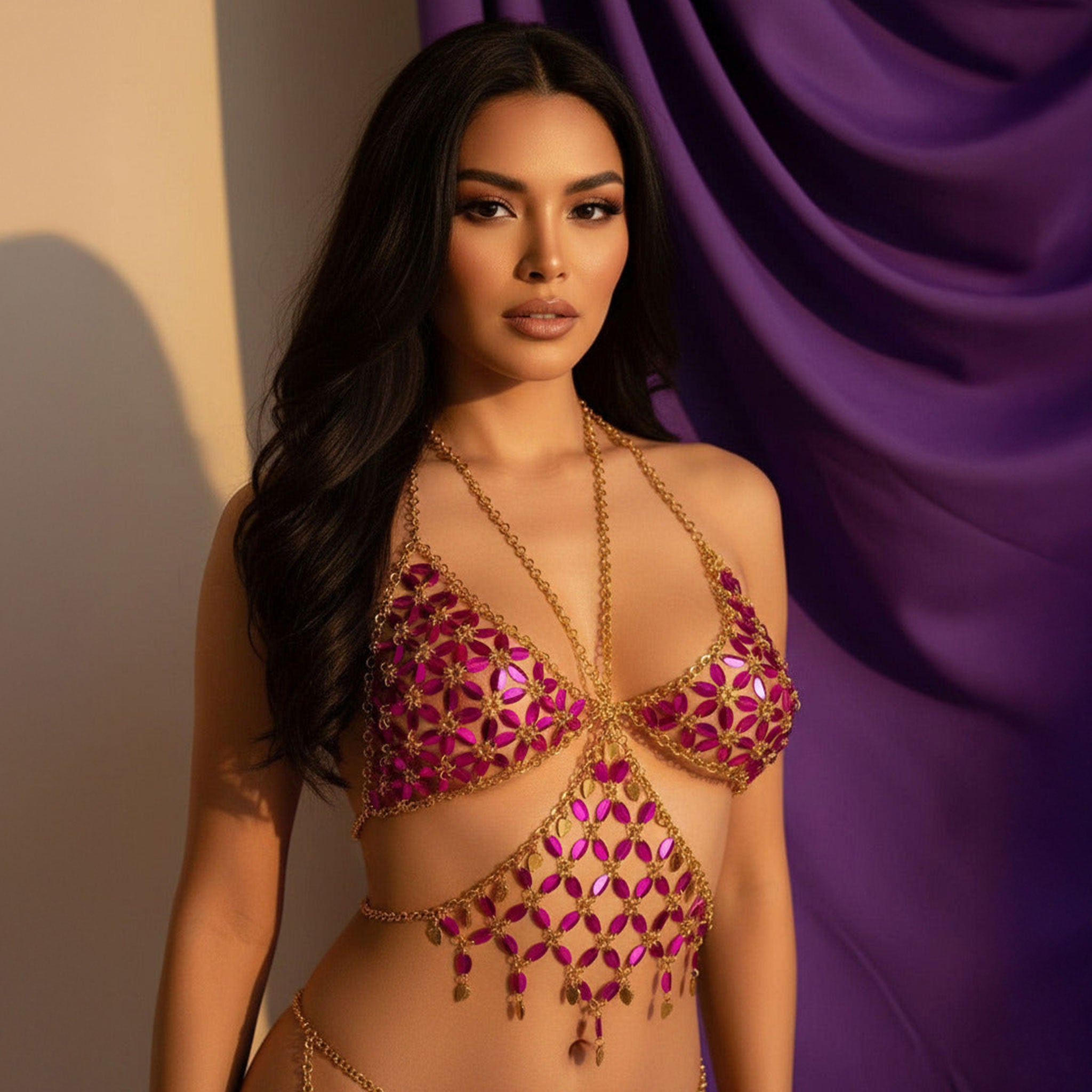 Acrylic gem faceted metallic-chain chainmail chain-mail apparel accessories intimates top bra bralette triangle-top dangling-charms jewelry floral peek-a-boo peekaboo petal-shaped interlinked abdomen-panel back-closure lobster clasp 
decadent pleasure fetish fashion alt-fashion fantasy renfaire renaissance faire festival festivalwear rave ravewear costume cosplay halloween harem bellydancer belly-dancer arabian-nights valentines gift female femme feminine womens pink