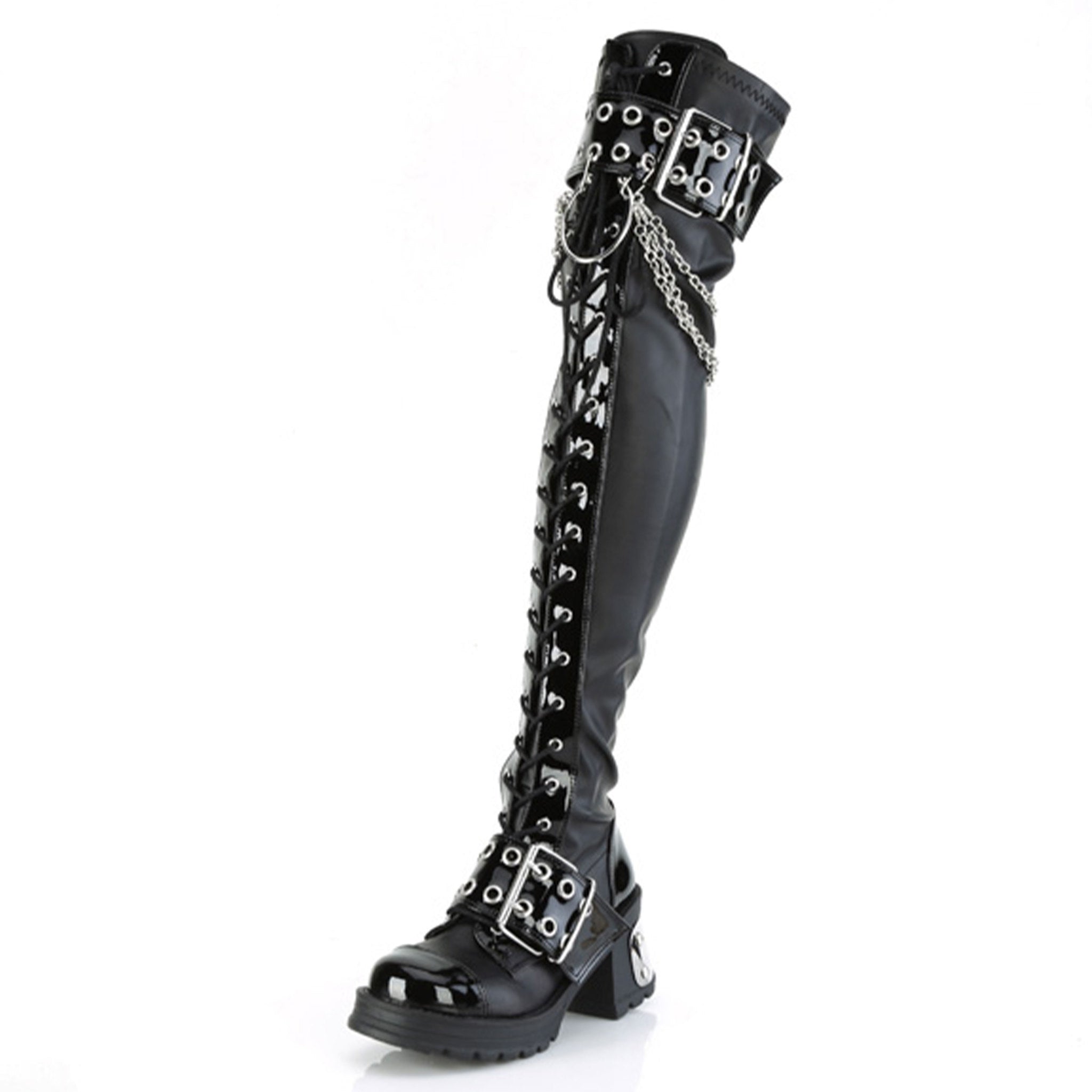 Vegan-leather patent-leather blended-leather footwear shoes boot thigh-high thigh-hi hanging-chains plated-heel chunky-heel screwed-in horseshoe-ring ball-caps buckle-straps eyelets lace-up laceup-front full-zip inside-zip zipper round-toe jingle fetish fashion alt-fashion punk rock goth gothic female femme feminine women black silver