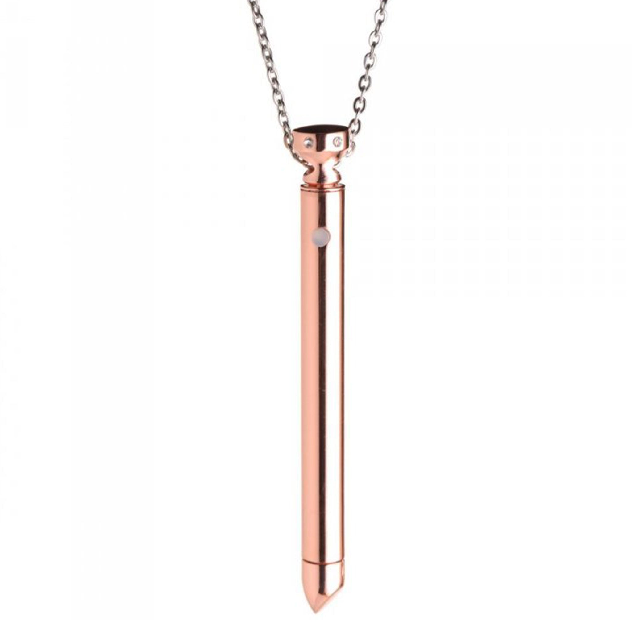 Stainless-steel zinc-alloy rhinestone chain accessories neckwear jewelry necklace vibrator vibe vibration bullet clit clitoris clitoral stim stimulator sexy stunning nickel-free sensitive-skin pinpoint smooth rounded-tip usb-rechargeable kink kinky kinky-toys kinky-jewelry stocking-stuffers gifts adult-toys female femme feminine womens pink rose-gold 