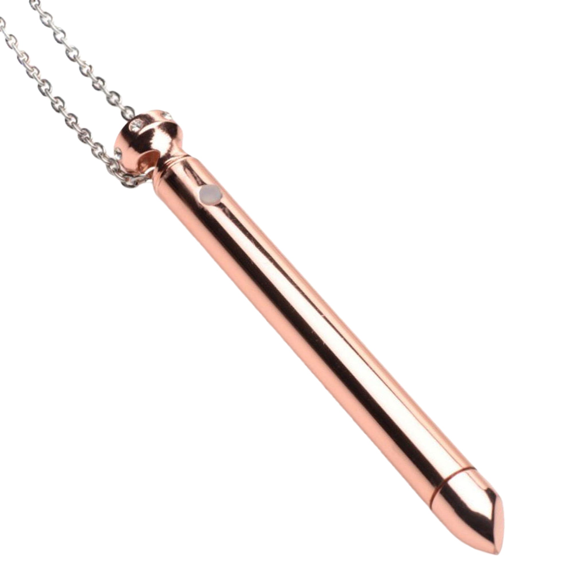 Stainless-steel zinc-alloy rhinestone chain accessories neckwear jewelry necklace vibrator vibe vibration bullet clit clitoris clitoral stim stimulator sexy stunning nickel-free sensitive-skin pinpoint smooth rounded-tip usb-rechargeable kink kinky kinky-toys kinky-jewelry stocking-stuffers gifts adult-toys female femme feminine womens pink rose-gold 