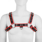 Leather vegan-leather PVC accessories harness chest-harness bulldog contrast-trim deluxe grommets adjustable buckles O-ring D-ring heavy-duty comfort fetish fashion alt-fashion bondage bdsm bdsm-gear bdsm-fashion kink kinky kinky-gear costume cosplay halloween male masculine masc mens menswear guys dudes gay lgbtq pride black red