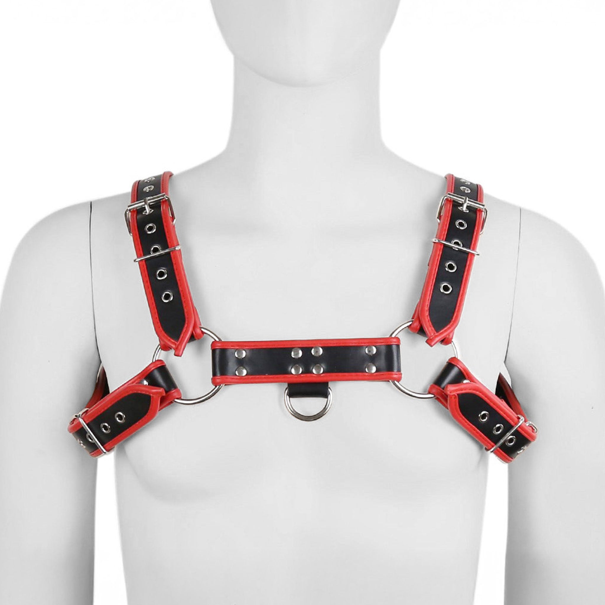Leather vegan-leather PVC accessories harness chest-harness bulldog contrast-trim deluxe grommets adjustable buckles O-ring D-ring heavy-duty comfort fetish fashion alt-fashion bondage bdsm bdsm-gear bdsm-fashion kink kinky kinky-gear costume cosplay halloween male masculine masc mens menswear guys dudes gay lgbtq pride black red