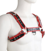 Leather vegan-leather PVC accessories harness chest-harness bulldog contrast-trim deluxe grommets adjustable buckles O-ring D-ring heavy-duty comfort fetish fashion alt-fashion bondage bdsm bdsm-gear bdsm-fashion kink kinky kinky-gear costume cosplay halloween male masculine masc mens menswear guys dudes gay lgbtq pride black red
