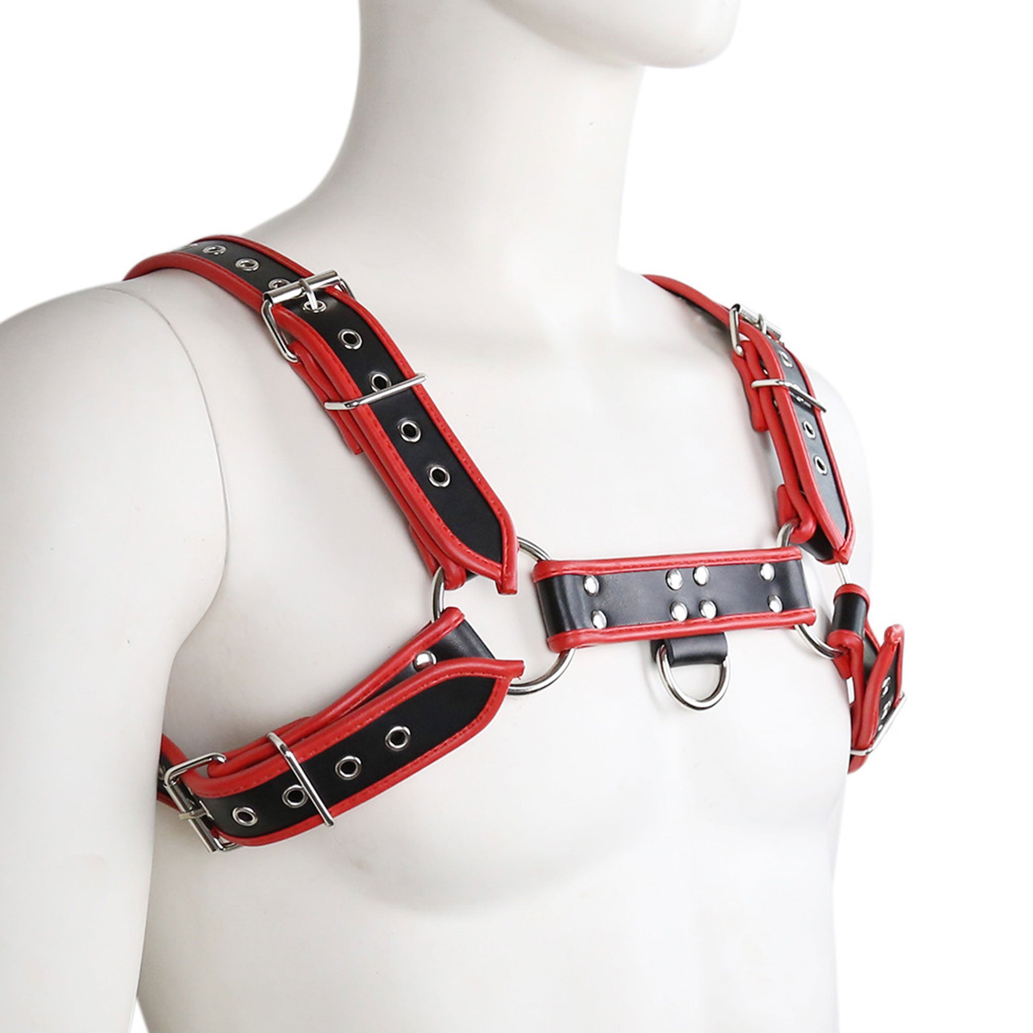 Leather vegan-leather PVC accessories harness chest-harness bulldog contrast-trim deluxe grommets adjustable buckles O-ring D-ring heavy-duty comfort fetish fashion alt-fashion bondage bdsm bdsm-gear bdsm-fashion kink kinky kinky-gear costume cosplay halloween male masculine masc mens menswear guys dudes gay lgbtq pride black red