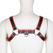 Leather vegan-leather PVC accessories harness chest-harness bulldog contrast-trim deluxe grommets adjustable buckles O-ring D-ring heavy-duty comfort fetish fashion alt-fashion bondage bdsm bdsm-gear bdsm-fashion kink kinky kinky-gear costume cosplay halloween male masculine masc mens menswear guys dudes gay lgbtq pride black red