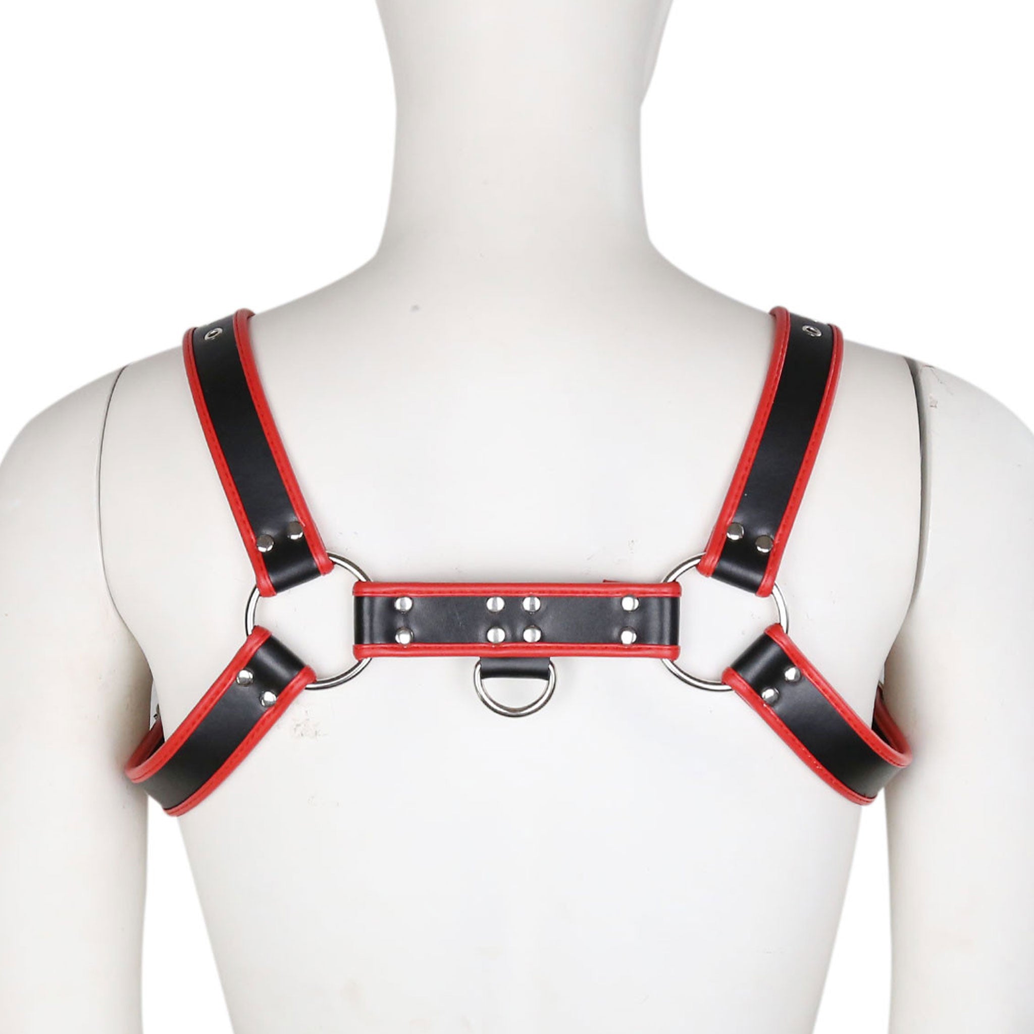Leather vegan-leather PVC accessories harness chest-harness bulldog contrast-trim deluxe grommets adjustable buckles O-ring D-ring heavy-duty comfort fetish fashion alt-fashion bondage bdsm bdsm-gear bdsm-fashion kink kinky kinky-gear costume cosplay halloween male masculine masc mens menswear guys dudes gay lgbtq pride black red
