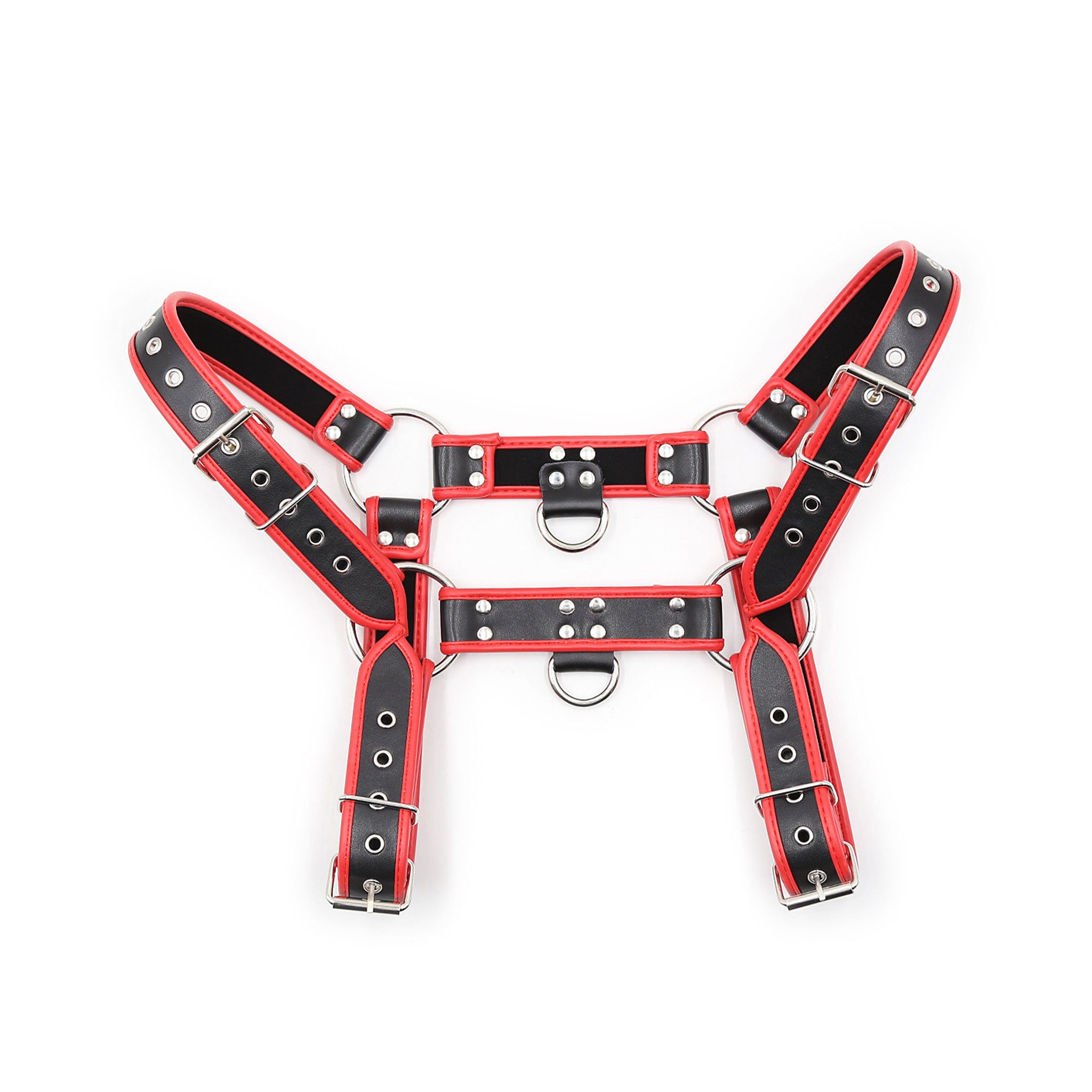 Leather vegan-leather PVC accessories harness chest-harness bulldog contrast-trim deluxe grommets adjustable buckles O-ring D-ring heavy-duty comfort fetish fashion alt-fashion bondage bdsm bdsm-gear bdsm-fashion kink kinky kinky-gear costume cosplay halloween male masculine masc mens menswear guys dudes gay lgbtq pride black red