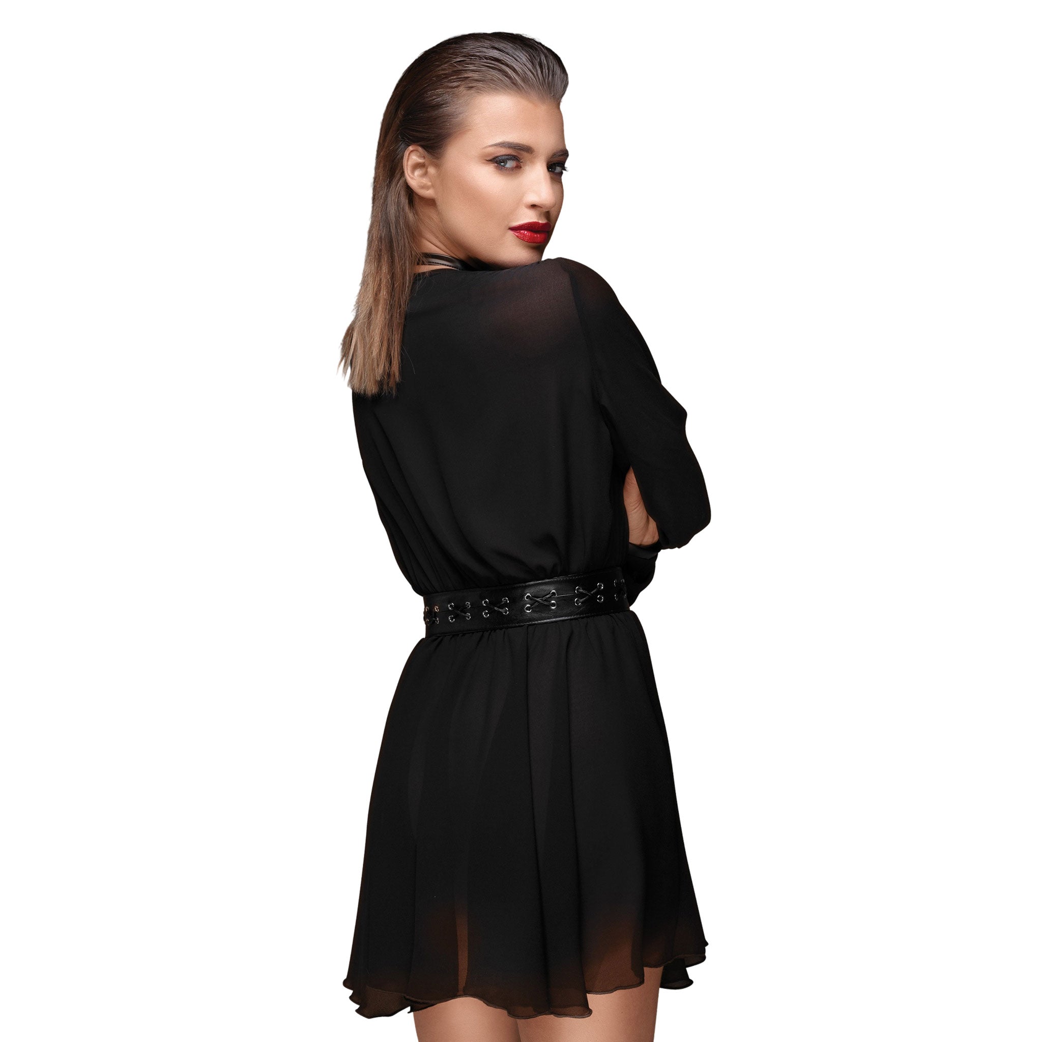 Leather faux-leather vegan-leather vegan-friendly sheer chiffon dress mini minidress mini-dress long sleeve sleeves sleeved longsleeve long-sleeve linked choker collar laced belt grommets deep-cleavage cleavage party sheath classy fetish fetish-themed fashion alt-fashion black
