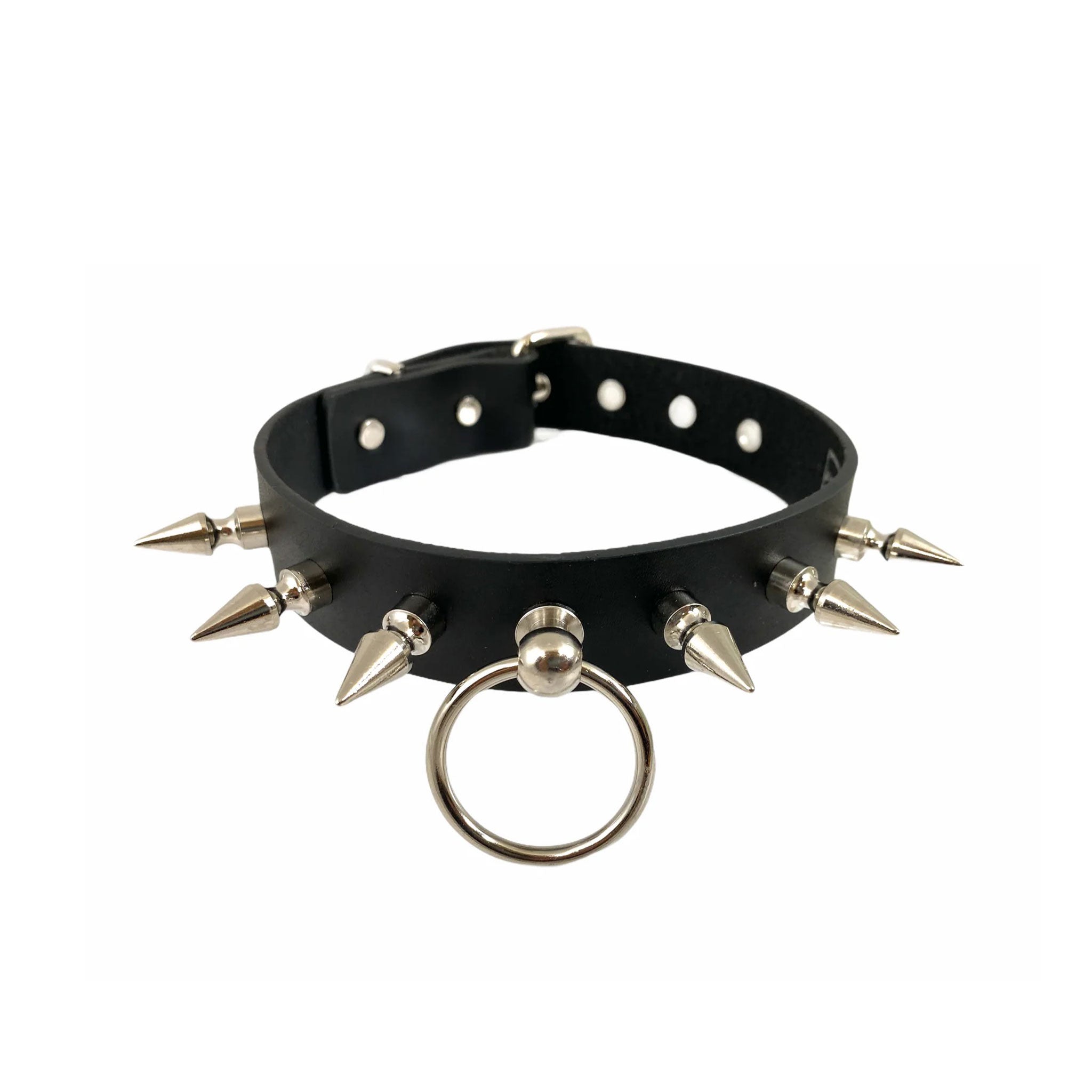 Leather genuine choker collar spike spiked spike tree-spike O-ring adjustable buckle reinforced eyelets bondage bdsm fetish fashion punk goth gothic rave rave-wear unisex accessories black
