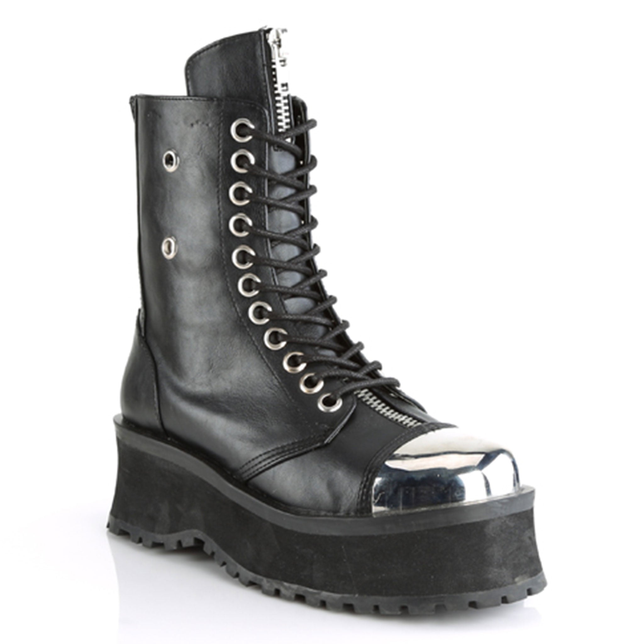 Faux-leather footwear shoes boot ankle-boot stompers platform-outsole platform laceup lace-up ventilation-holes zipper-split nylon-lacing chrome-metal chrome-plated chrome-toe steel-toe toe-cap round-toe chunky-zip heel-zip zipper versatile punk rock mosh-pit stomping fetish fashion alt-fashion costumes cosplay halloween cyber cyber-punk male masculine masc mens dudes guys black