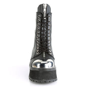 Faux-leather footwear shoes boot ankle-boot stompers platform-outsole platform laceup lace-up ventilation-holes zipper-split nylon-lacing chrome-metal chrome-plated chrome-toe steel-toe toe-cap round-toe chunky-zip heel-zip zipper versatile punk rock mosh-pit stomping fetish fashion alt-fashion costumes cosplay halloween cyber cyber-punk male masculine masc mens dudes guys black