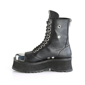 Faux-leather footwear shoes boot ankle-boot stompers platform-outsole platform laceup lace-up ventilation-holes zipper-split nylon-lacing chrome-metal chrome-plated chrome-toe steel-toe toe-cap round-toe chunky-zip heel-zip zipper versatile punk rock mosh-pit stomping fetish fashion alt-fashion costumes cosplay halloween cyber cyber-punk male masculine masc mens dudes guys black