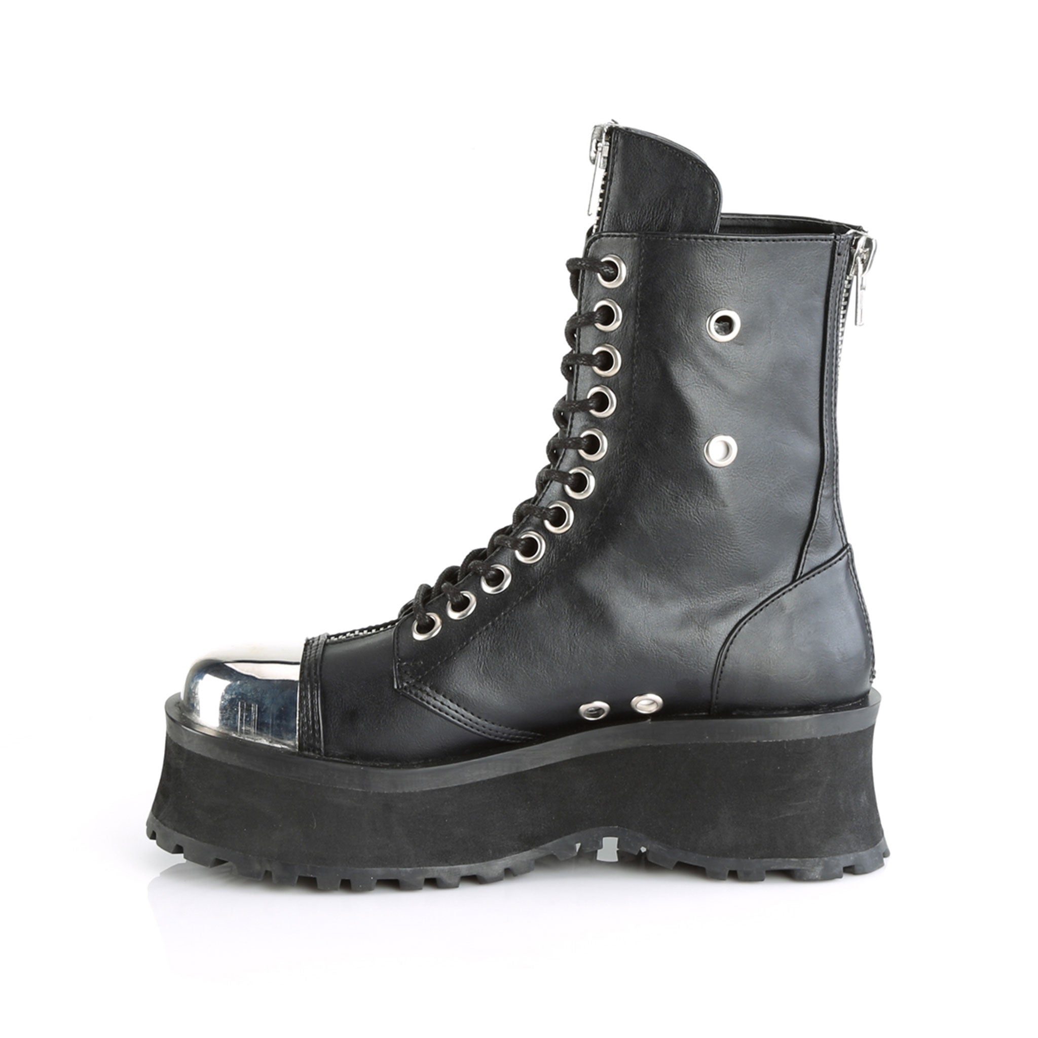 Faux-leather footwear shoes boot ankle-boot stompers platform-outsole platform laceup lace-up ventilation-holes zipper-split nylon-lacing chrome-metal chrome-plated chrome-toe steel-toe toe-cap round-toe chunky-zip heel-zip zipper versatile punk rock mosh-pit stomping fetish fashion alt-fashion costumes cosplay halloween cyber cyber-punk male masculine masc mens dudes guys black
