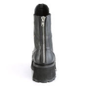 Faux-leather footwear shoes boot ankle-boot stompers platform-outsole platform laceup lace-up ventilation-holes zipper-split nylon-lacing chrome-metal chrome-plated chrome-toe steel-toe toe-cap round-toe chunky-zip heel-zip zipper versatile punk rock mosh-pit stomping fetish fashion alt-fashion costumes cosplay halloween cyber cyber-punk male masculine masc mens dudes guys black