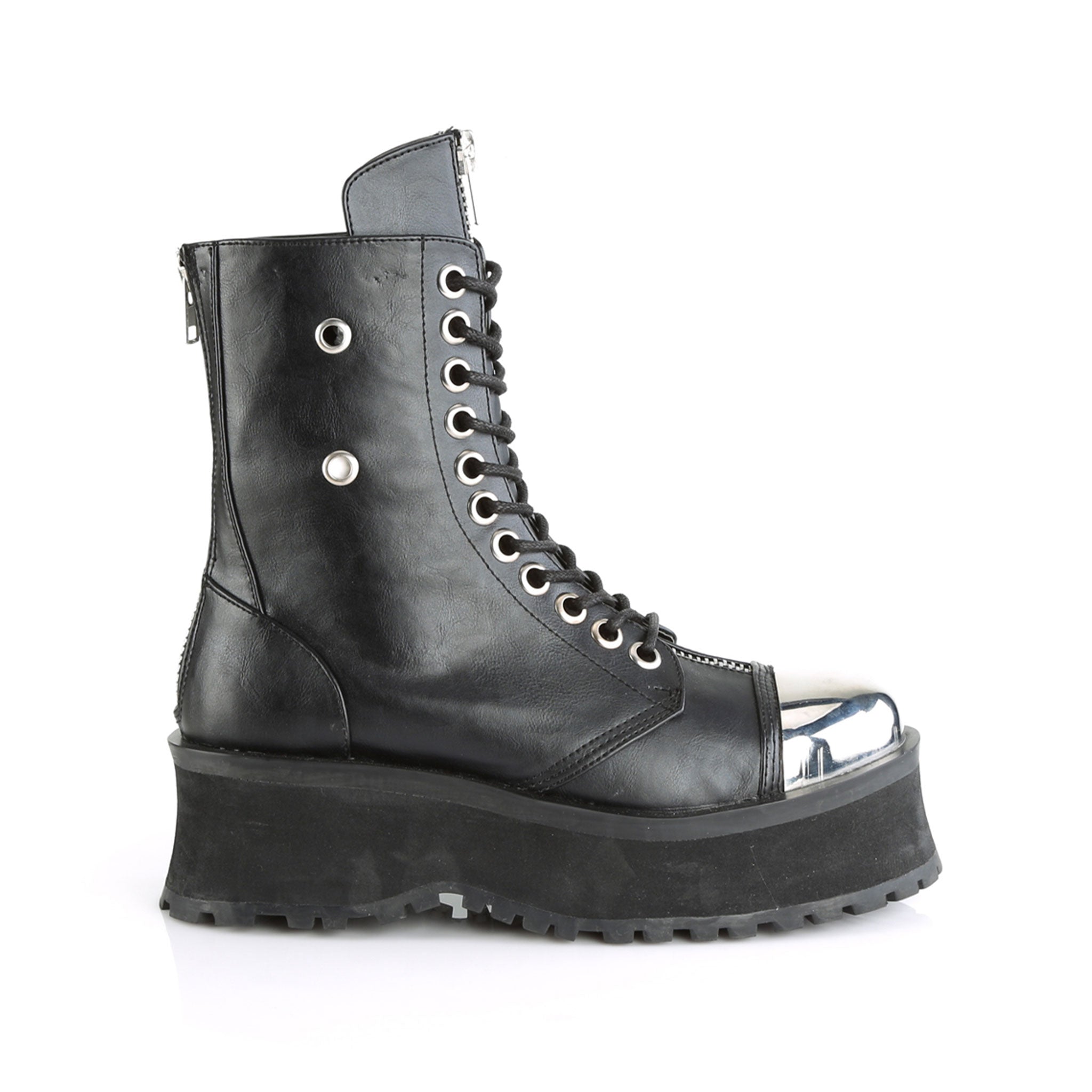 Faux-leather footwear shoes boot ankle-boot stompers platform-outsole platform laceup lace-up ventilation-holes zipper-split nylon-lacing chrome-metal chrome-plated chrome-toe steel-toe toe-cap round-toe chunky-zip heel-zip zipper versatile punk rock mosh-pit stomping fetish fashion alt-fashion costumes cosplay halloween cyber cyber-punk male masculine masc mens dudes guys black