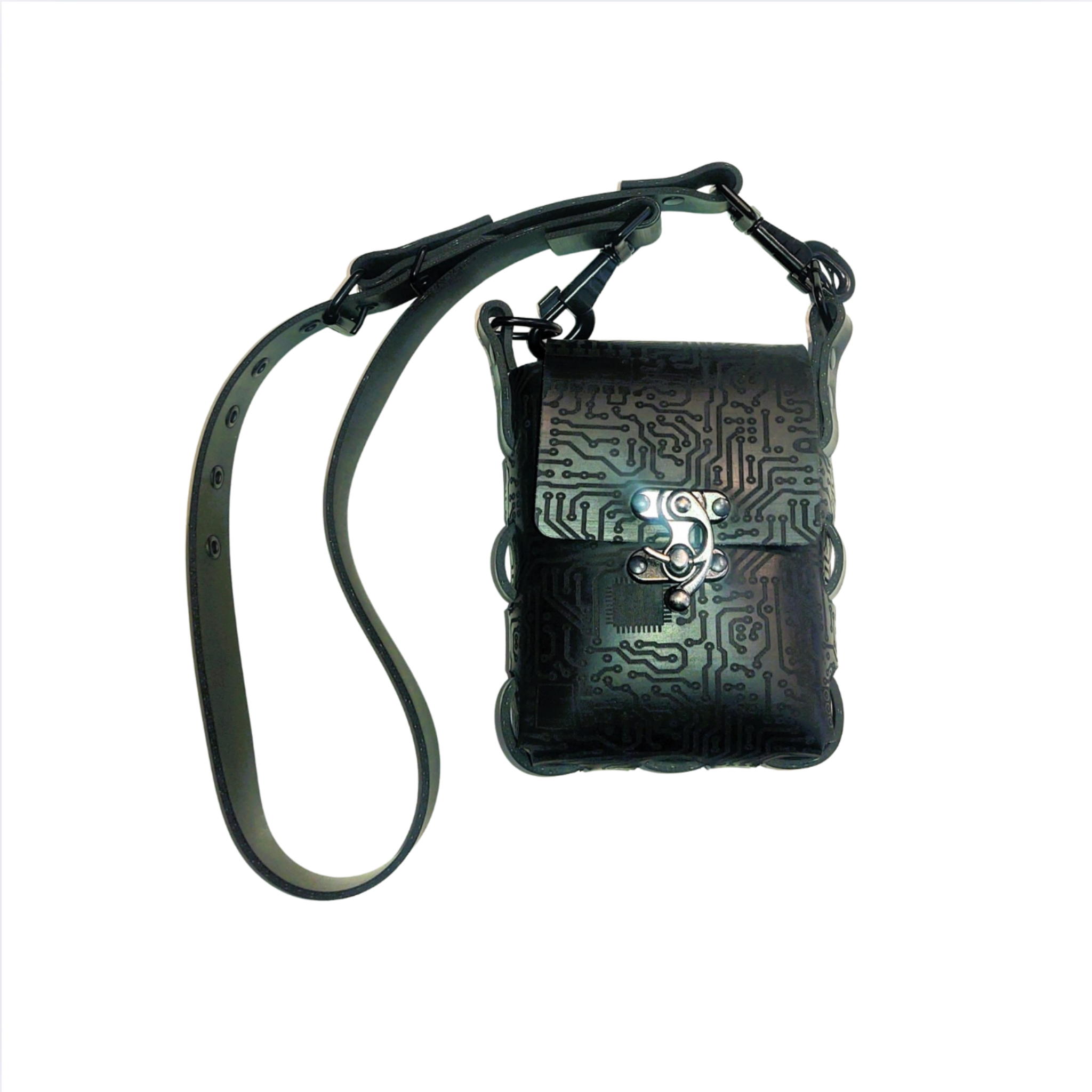 Black latex backpack with circuit texture, adjustable straps, and metallic hardware for a sleek fetish look.
