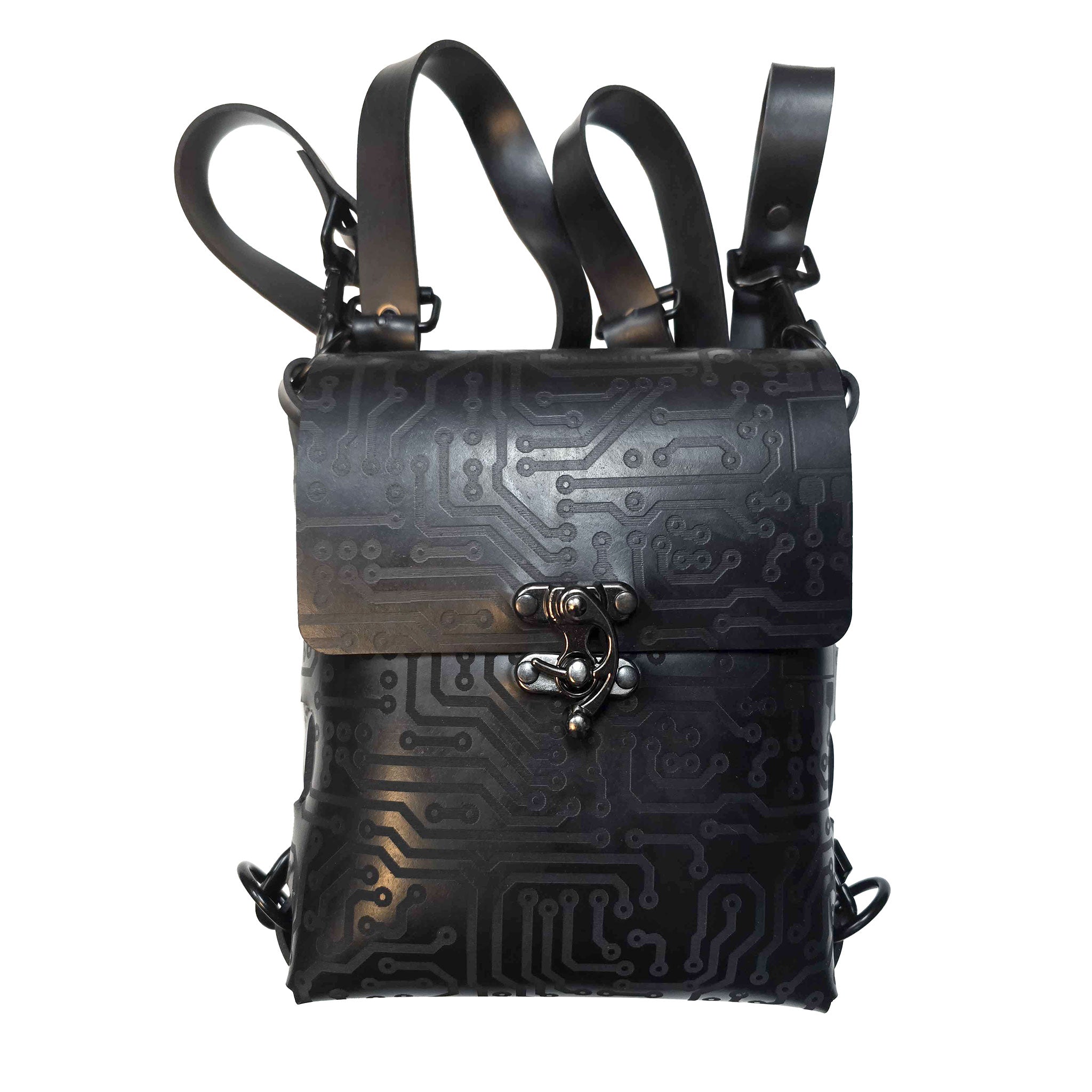 Latex heavy-rubber rubber neoprene textured-latex circuit circuit-texture folded accessory bag backpack back-pack purse adjustable-straps detachable versatile bold compact accessory fetish fashion alt-fashion cyber cyberpunk cyber-punk stylish style unisex black