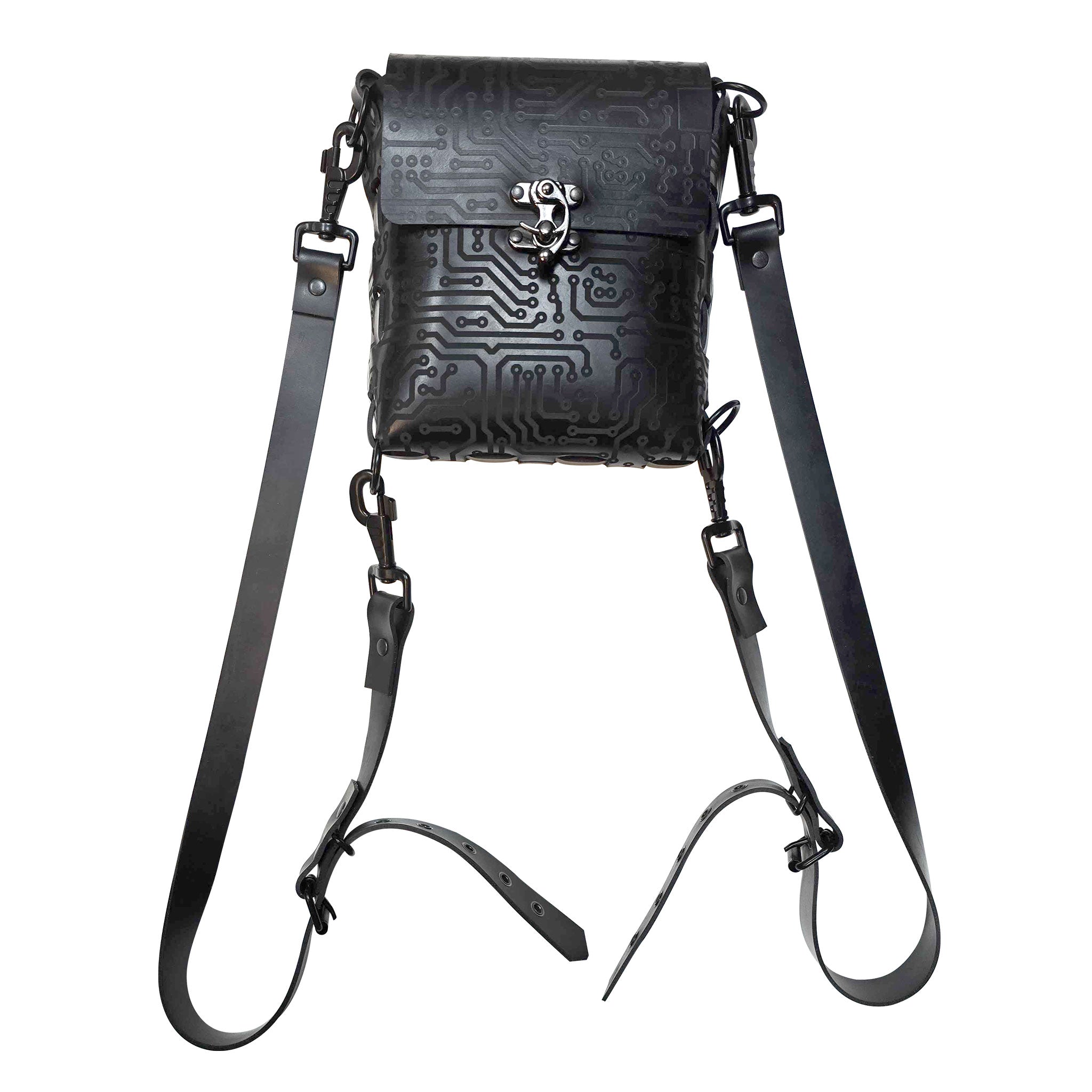 Latex heavy-rubber rubber neoprene textured-latex circuit circuit-texture folded accessory bag backpack back-pack purse adjustable-straps detachable versatile bold compact accessory fetish fashion alt-fashion cyber cyberpunk cyber-punk stylish style unisex black