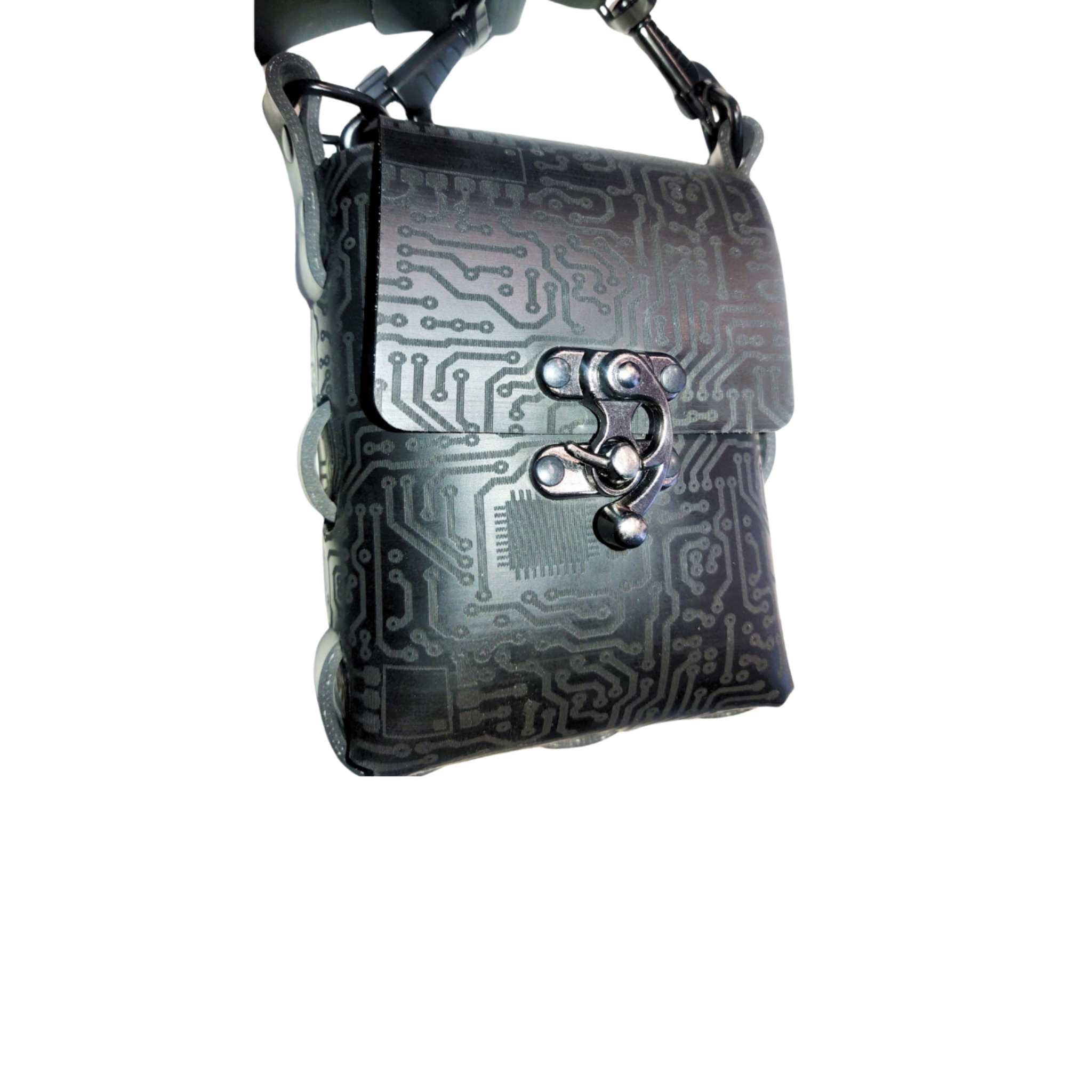 Black latex backpack with circuit texture, adjustable straps, and metallic hardware for a sleek fetish look.