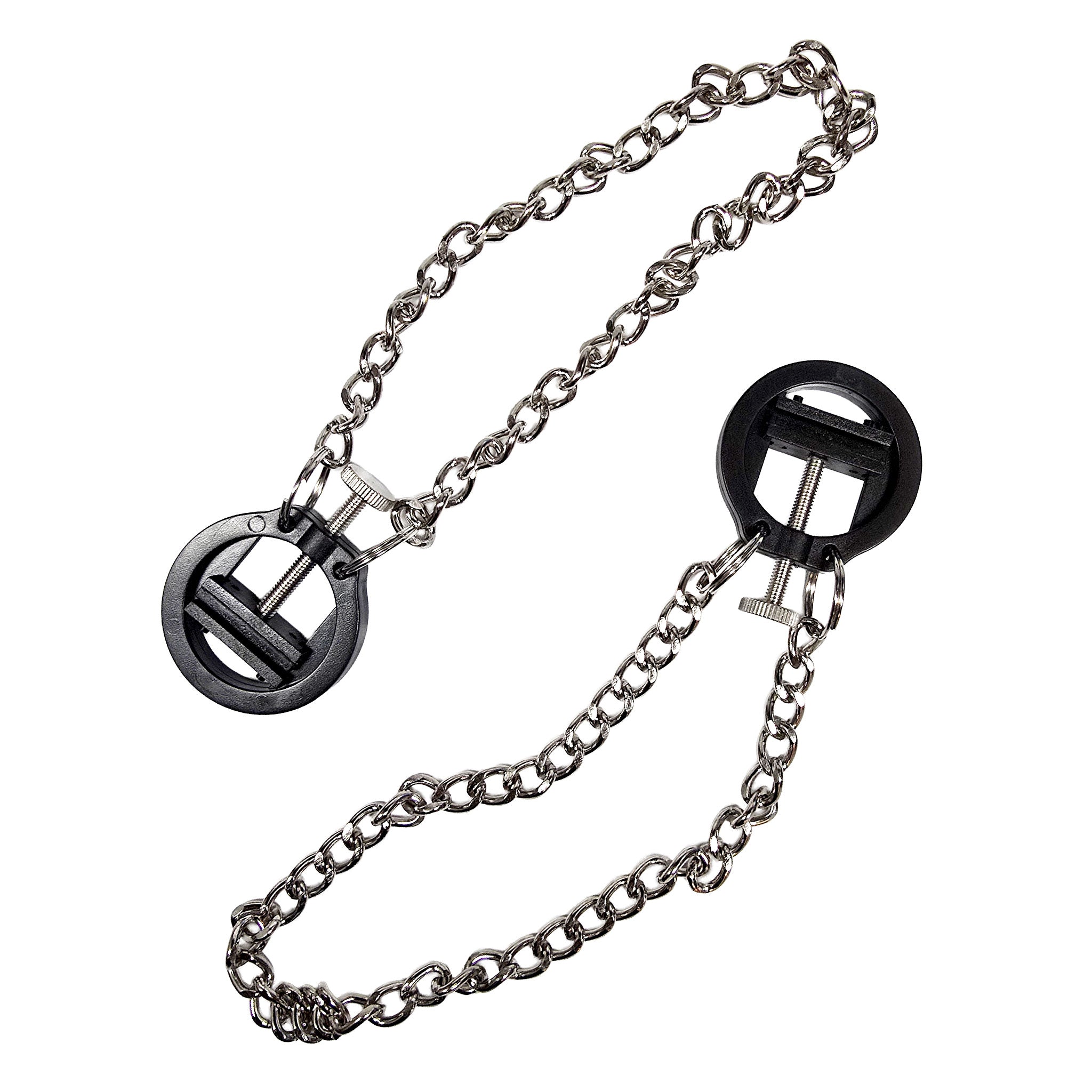 Plastic metallic-chain accessories nipple-clamp clamp crusher-clamp toothed-clamp teeth spikes spoke spiked thumbscrew stationary-bar plastic-ring keyring key-ring hanging-chain stim stimulating stimulation adjustable tantalizing intense bondage bdsm bdsm-toys bdsm-gear kink kinky kinky-toys kinky-play sensation sensory sensory-play nipple-play pain pressure stocking-stuffer gifts couples solo-play adult-toys unisex black