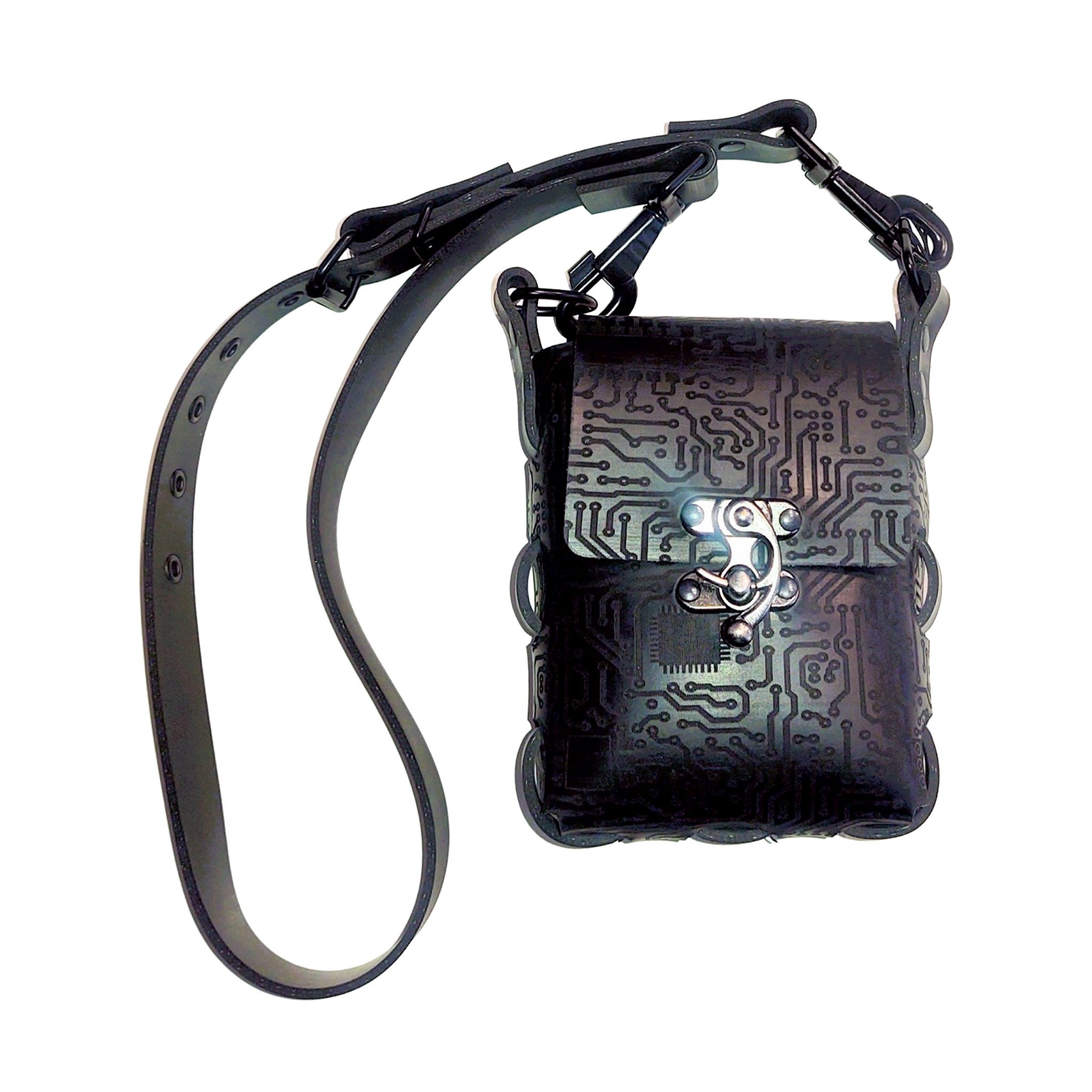 Latex rubber heavy-latex etched-latex accessories latex-accessories bag shoulder-bag messenger-bag rubber crossbody pouch circuit circuit-texture swing-hook front-clasp shiny matte-glossy limited-edition fetish fashion alt-fashion alternative punk goth gothic cyber cyberpunk festival rave raver-babe clubwear costume cosplay halloween gifts unisex black