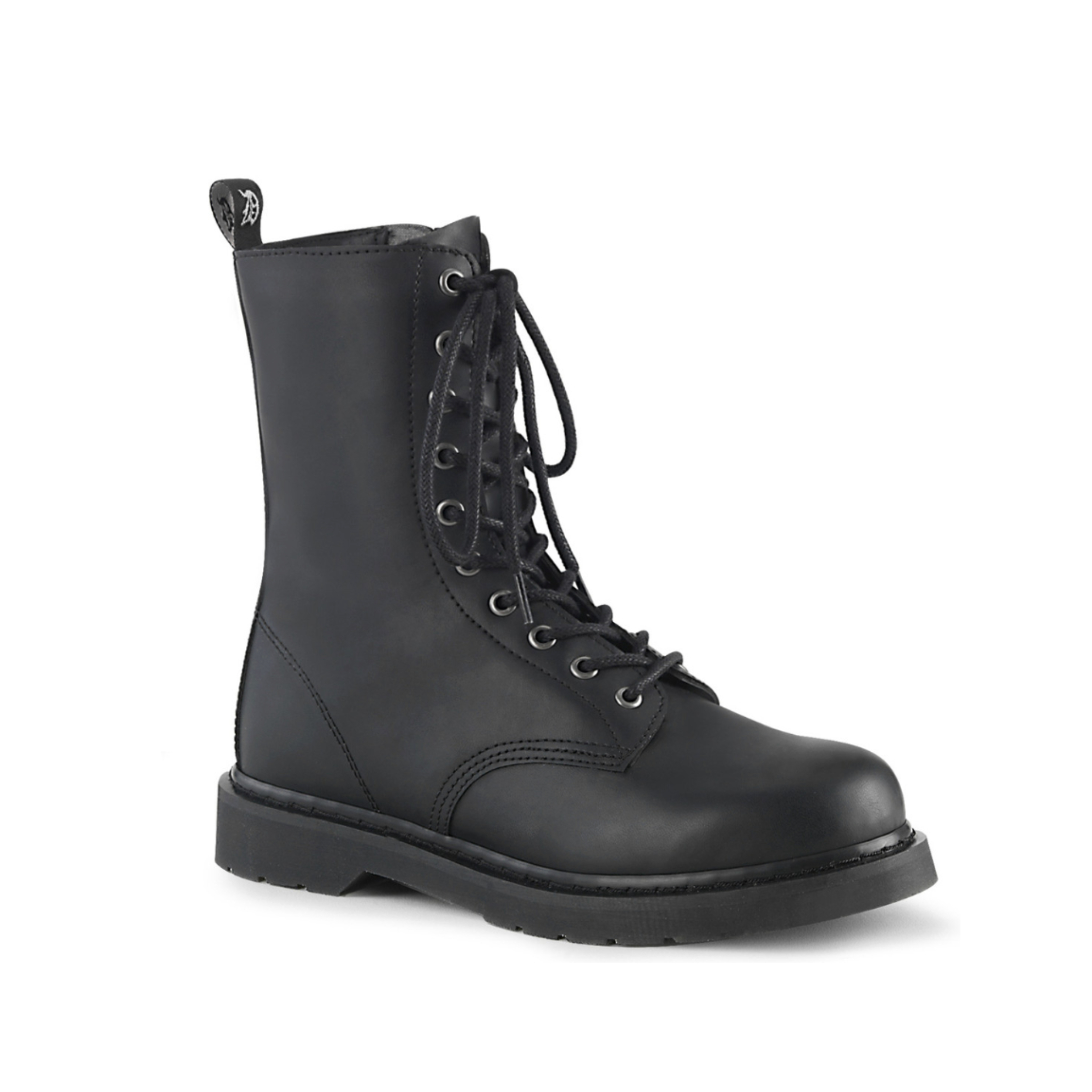 Leather PU-leather vegan-leather textile-midsole textile-lining leather-upper accessories footwear shoes boots combat-boots eyelets 10-eyelets mid-calf round-toe zipper inside-zip stacked-heel comfortable durable versatile edgy classic stylish fetish fashion alt-fashion alternative punk goth gothic casual costume cosplay halloween unisex male masculine masc mens menswear guys dudes black