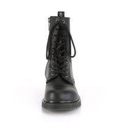 Leather PU-leather vegan-leather textile-midsole textile-lining leather-upper accessories footwear shoes boots combat-boots eyelets 10-eyelets mid-calf round-toe zipper inside-zip stacked-heel comfortable durable versatile edgy classic stylish fetish fashion alt-fashion alternative punk goth gothic casual costume cosplay halloween unisex male masculine masc mens menswear guys dudes black