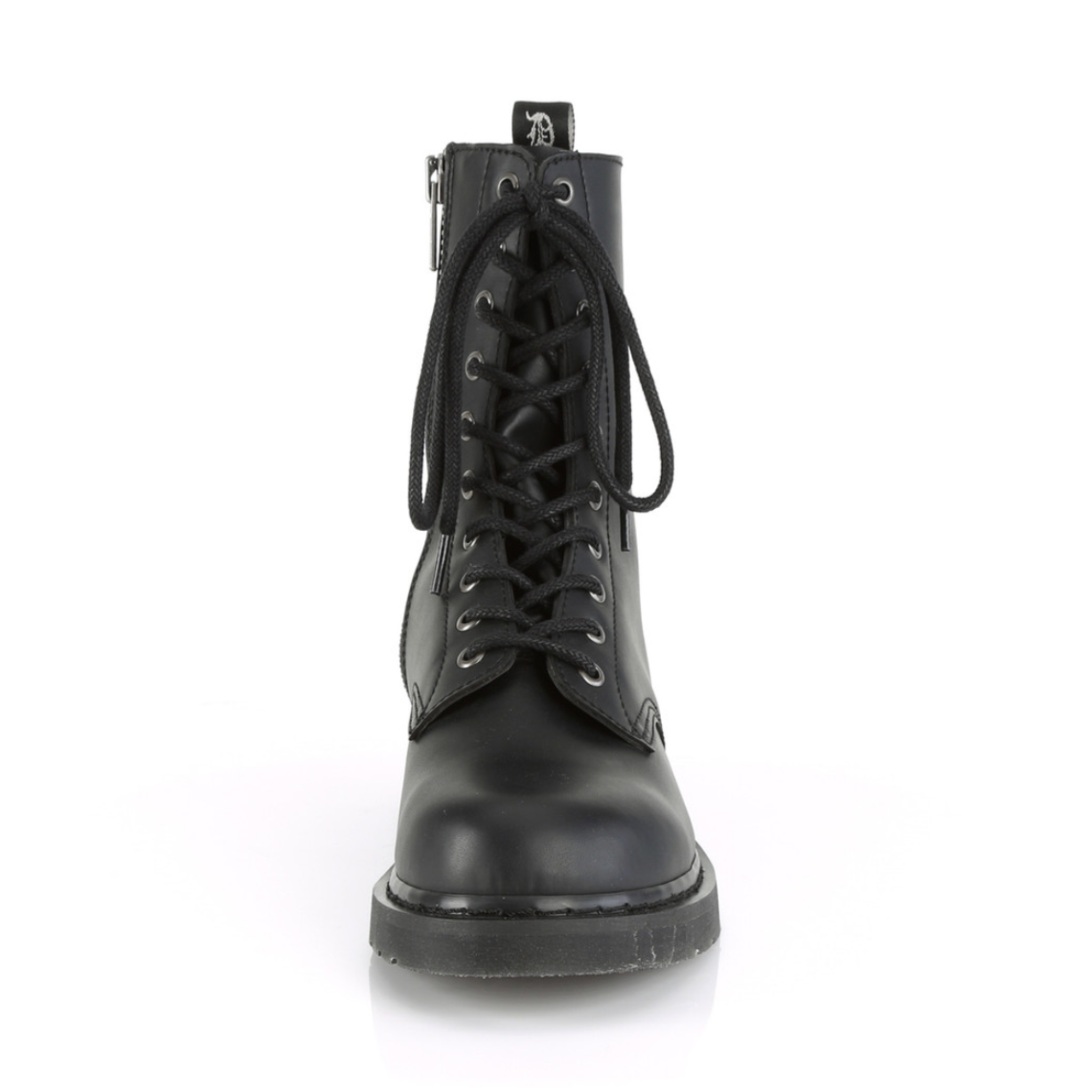 Leather PU-leather vegan-leather textile-midsole textile-lining leather-upper accessories footwear shoes boots combat-boots eyelets 10-eyelets mid-calf round-toe zipper inside-zip stacked-heel comfortable durable versatile edgy classic stylish fetish fashion alt-fashion alternative punk goth gothic casual costume cosplay halloween unisex male masculine masc mens menswear guys dudes black