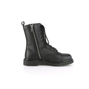 Leather PU-leather vegan-leather textile-midsole textile-lining leather-upper accessories footwear shoes boots combat-boots eyelets 10-eyelets mid-calf round-toe zipper inside-zip stacked-heel comfortable durable versatile edgy classic stylish fetish fashion alt-fashion alternative punk goth gothic casual costume cosplay halloween unisex male masculine masc mens menswear guys dudes black