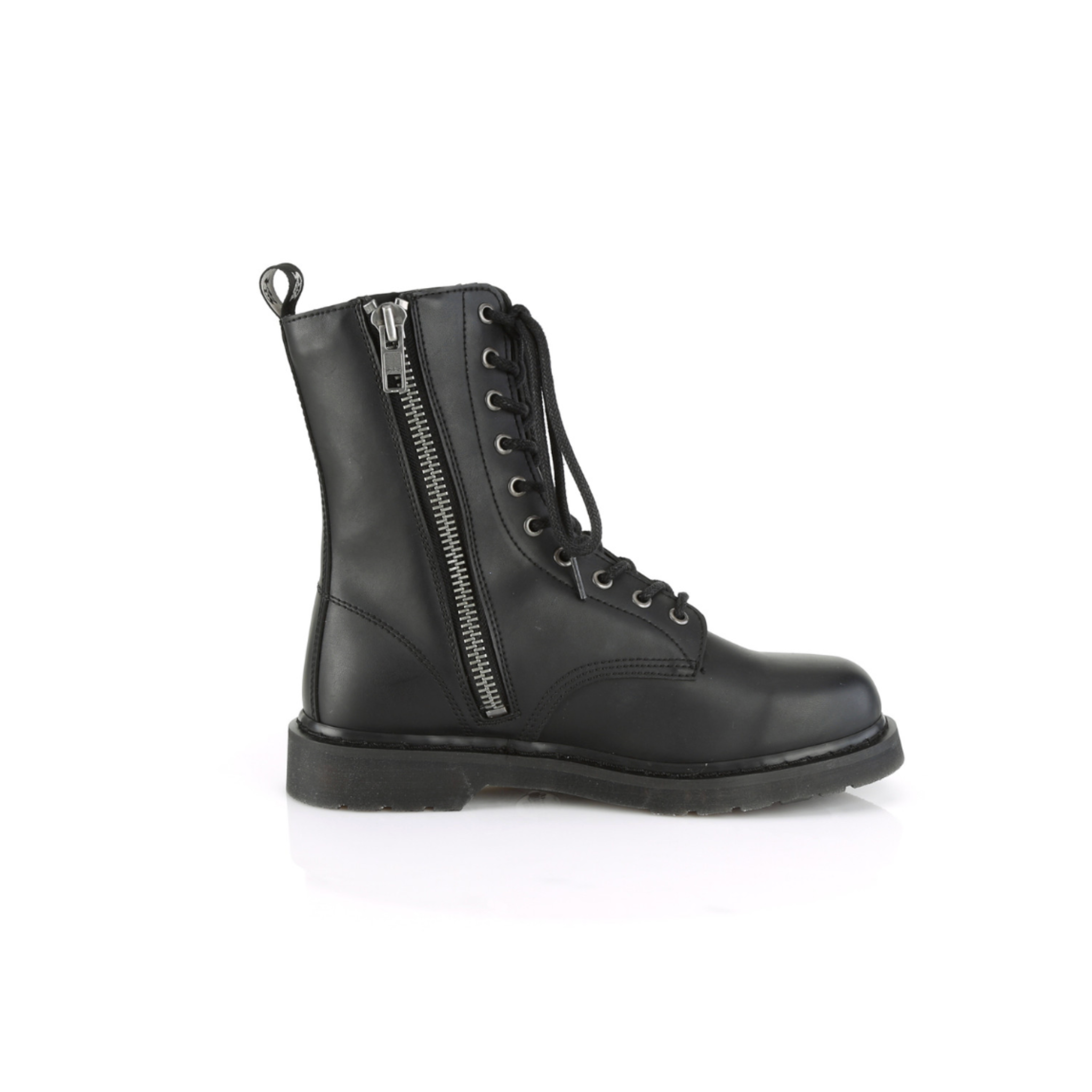 Leather PU-leather vegan-leather textile-midsole textile-lining leather-upper accessories footwear shoes boots combat-boots eyelets 10-eyelets mid-calf round-toe zipper inside-zip stacked-heel comfortable durable versatile edgy classic stylish fetish fashion alt-fashion alternative punk goth gothic casual costume cosplay halloween unisex male masculine masc mens menswear guys dudes black