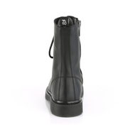 Leather PU-leather vegan-leather textile-midsole textile-lining leather-upper accessories footwear shoes boots combat-boots eyelets 10-eyelets mid-calf round-toe zipper inside-zip stacked-heel comfortable durable versatile edgy classic stylish fetish fashion alt-fashion alternative punk goth gothic casual costume cosplay halloween unisex male masculine masc mens menswear guys dudes black