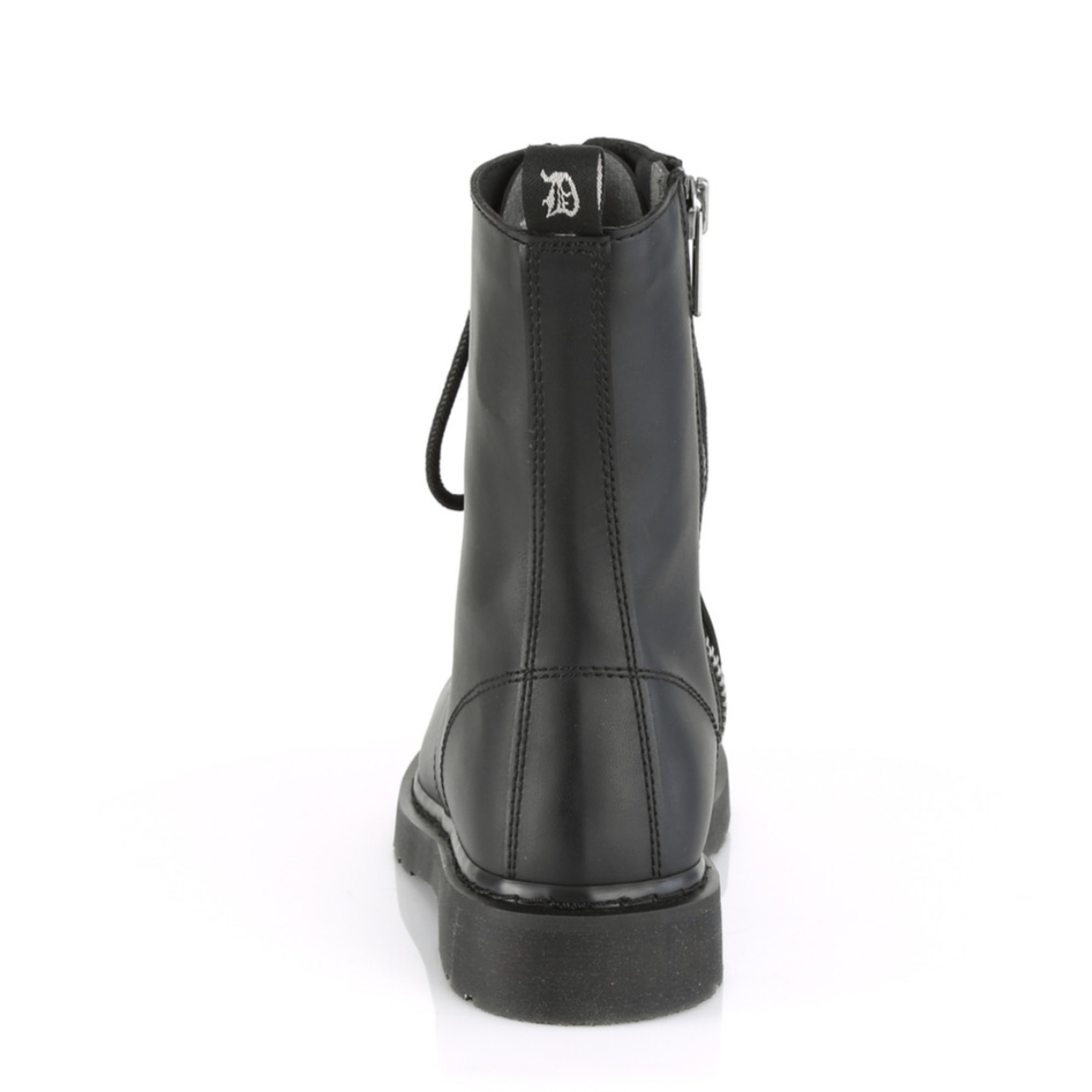 Leather PU-leather vegan-leather textile-midsole textile-lining leather-upper accessories footwear shoes boots combat-boots eyelets 10-eyelets mid-calf round-toe zipper inside-zip stacked-heel comfortable durable versatile edgy classic stylish fetish fashion alt-fashion alternative punk goth gothic casual costume cosplay halloween unisex male masculine masc mens menswear guys dudes black
