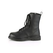 Leather PU-leather vegan-leather textile-midsole textile-lining leather-upper accessories footwear shoes boots combat-boots eyelets 10-eyelets mid-calf round-toe zipper inside-zip stacked-heel comfortable durable versatile edgy classic stylish fetish fashion alt-fashion alternative punk goth gothic casual costume cosplay halloween unisex male masculine masc mens menswear guys dudes black