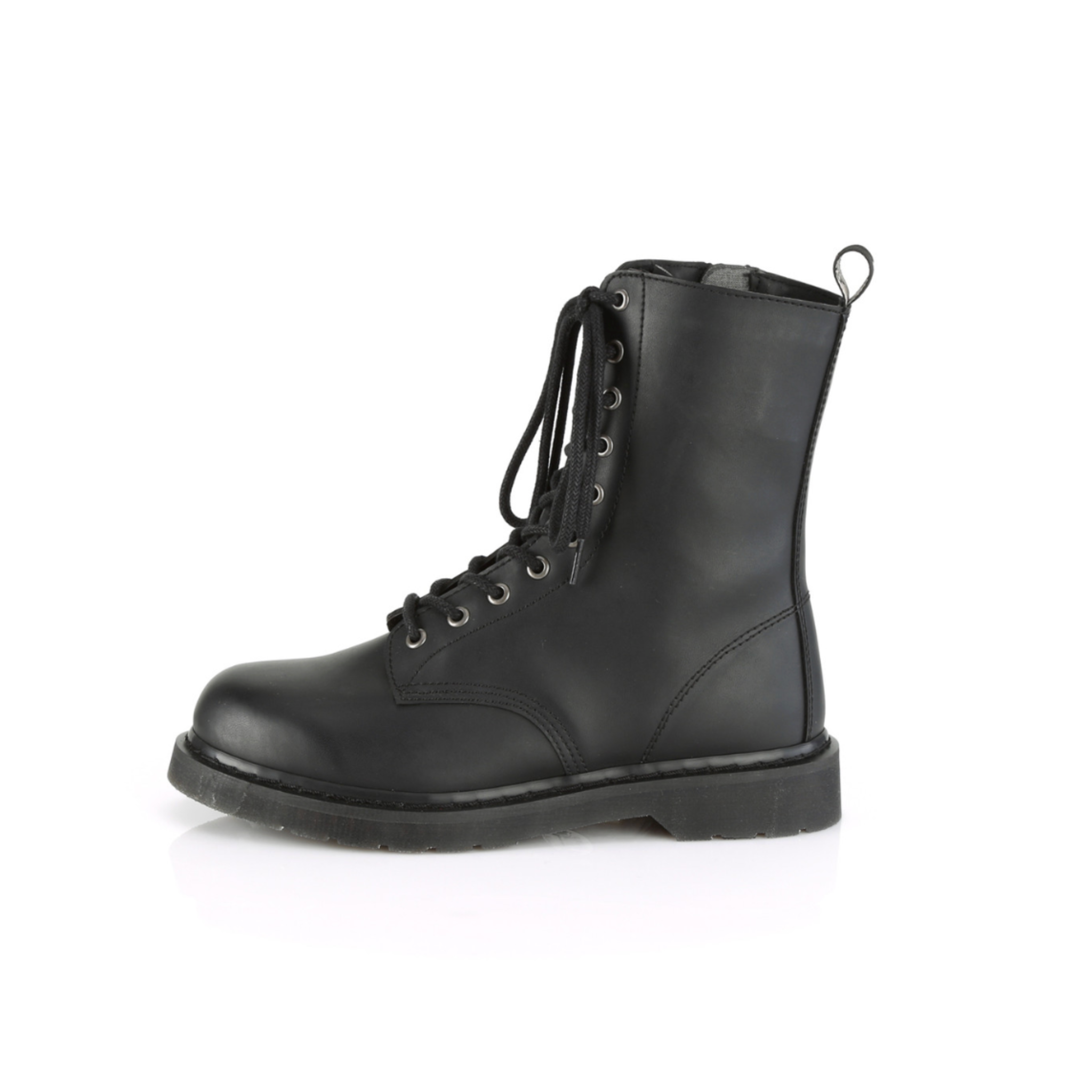 Leather PU-leather vegan-leather textile-midsole textile-lining leather-upper accessories footwear shoes boots combat-boots eyelets 10-eyelets mid-calf round-toe zipper inside-zip stacked-heel comfortable durable versatile edgy classic stylish fetish fashion alt-fashion alternative punk goth gothic casual costume cosplay halloween unisex male masculine masc mens menswear guys dudes black