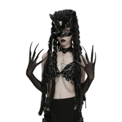 gothic claw glove set black stretch mesh fluffy fabric opera length womens gloves punk rave clubwear festival alternative fashion dark demon fingers accessory