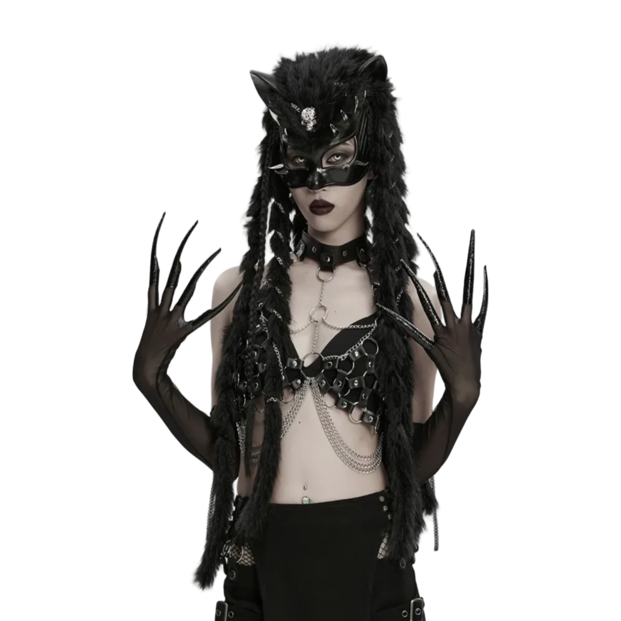 gothic claw glove set black stretch mesh fluffy fabric opera length womens gloves punk rave clubwear festival alternative fashion dark demon fingers accessory