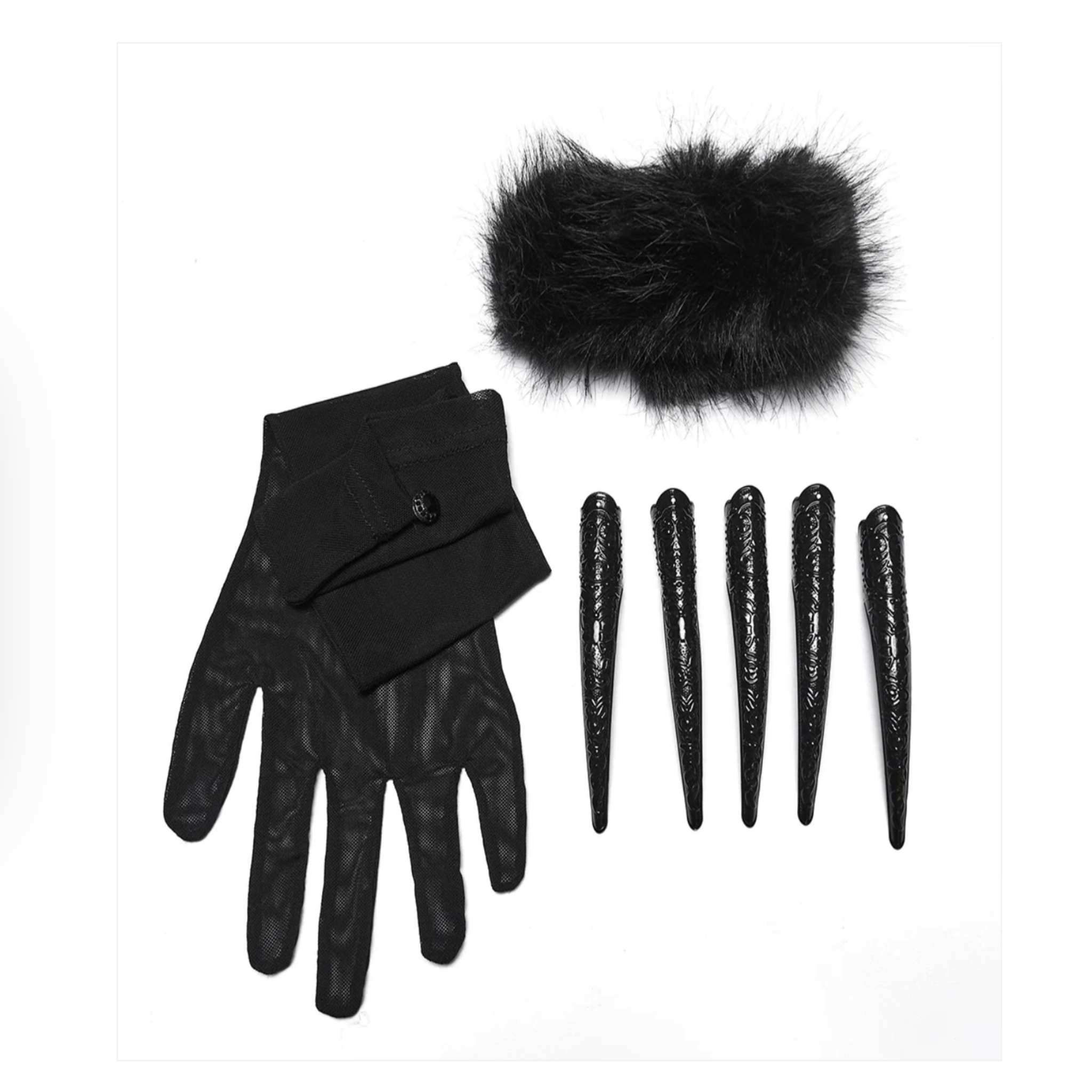 gothic claw glove set black stretch mesh fluffy fabric opera length womens gloves punk rave clubwear festival alternative fashion dark demon fingers accessory