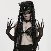 Polyester polyamide elastane mesh knit fishnet sheer faux-fur metallic accessories pull-on gloves opera-length long full-fingered touchscreen fur-cuff removable claws stretchy malleable flexible comfortable soft fetish fashion alt-fashion alternative goth gothic rave raver-babe classy elegant eveningwear clubwear festivalwear performance kink kinky kinkwear textured sensory-play costume cosplay halloween vampire afterdark-collection unisex black
