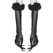 Polyester polyamide elastane mesh knit fishnet sheer faux-fur metallic accessories pull-on gloves opera-length long full-fingered touchscreen fur-cuff removable claws stretchy malleable flexible comfortable soft fetish fashion alt-fashion alternative goth gothic rave raver-babe classy elegant eveningwear clubwear festivalwear performance kink kinky kinkwear textured sensory-play costume cosplay halloween vampire afterdark-collection unisex black