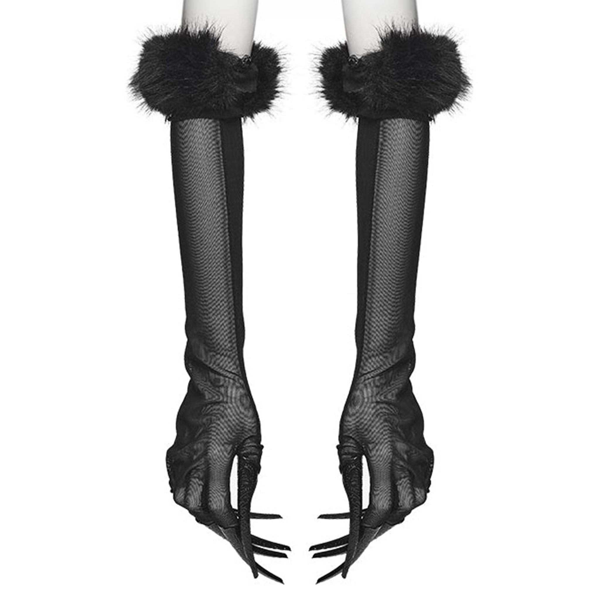 Polyester polyamide elastane mesh knit fishnet sheer faux-fur metallic accessories pull-on gloves opera-length long full-fingered touchscreen fur-cuff removable claws stretchy malleable flexible comfortable soft fetish fashion alt-fashion alternative goth gothic rave raver-babe classy elegant eveningwear clubwear festivalwear performance kink kinky kinkwear textured sensory-play costume cosplay halloween vampire afterdark-collection unisex black