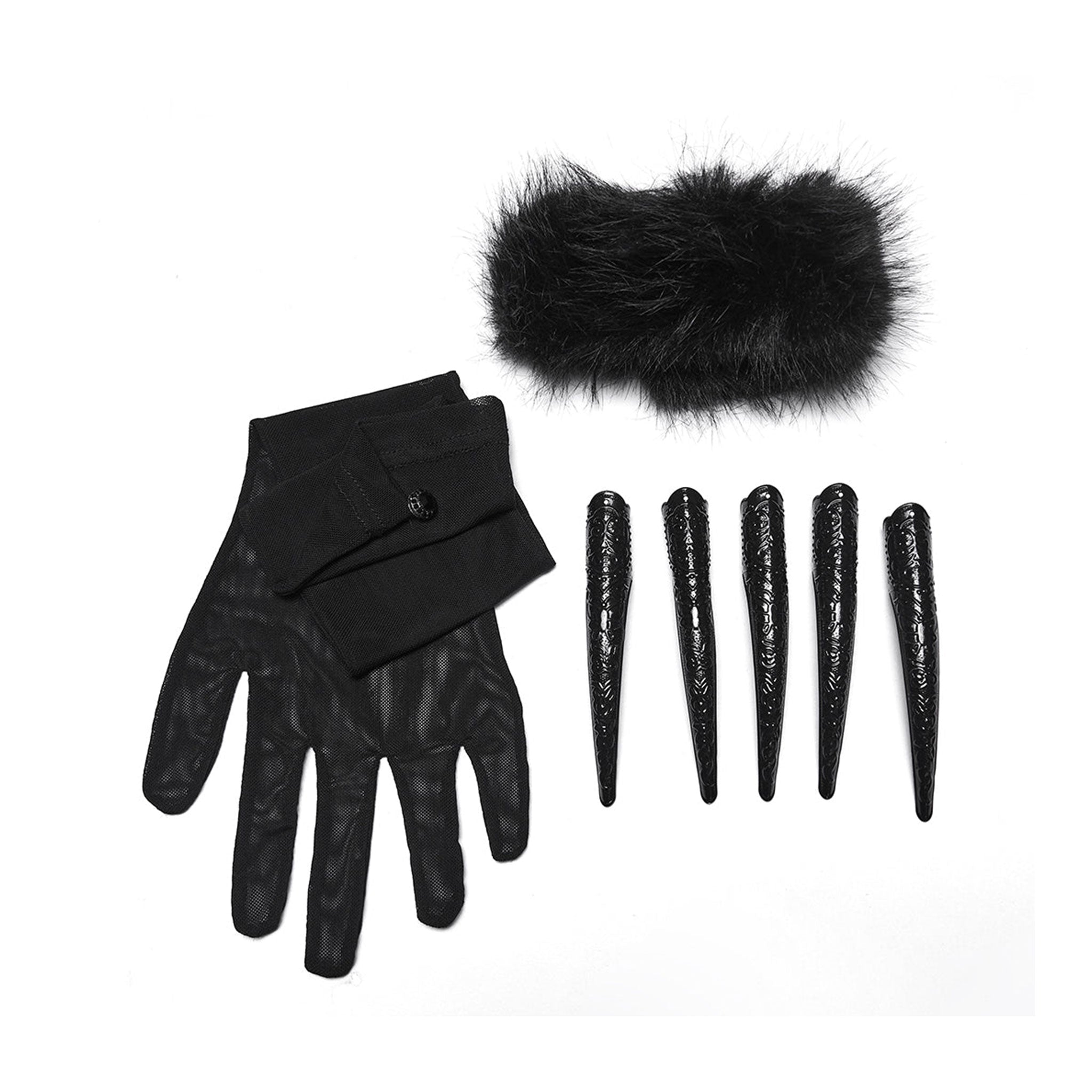 Polyester polyamide elastane mesh knit fishnet sheer faux-fur metallic accessories pull-on gloves opera-length long full-fingered touchscreen fur-cuff removable claws stretchy malleable flexible comfortable soft fetish fashion alt-fashion alternative goth gothic rave raver-babe classy elegant eveningwear clubwear festivalwear performance kink kinky kinkwear textured sensory-play costume cosplay halloween vampire afterdark-collection unisex black