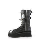 Metal toe cap platform boot claw spikes chrome shin plate buckled lace-up vegan leather 2.75 inch platform Fetish Factory edgy footwear