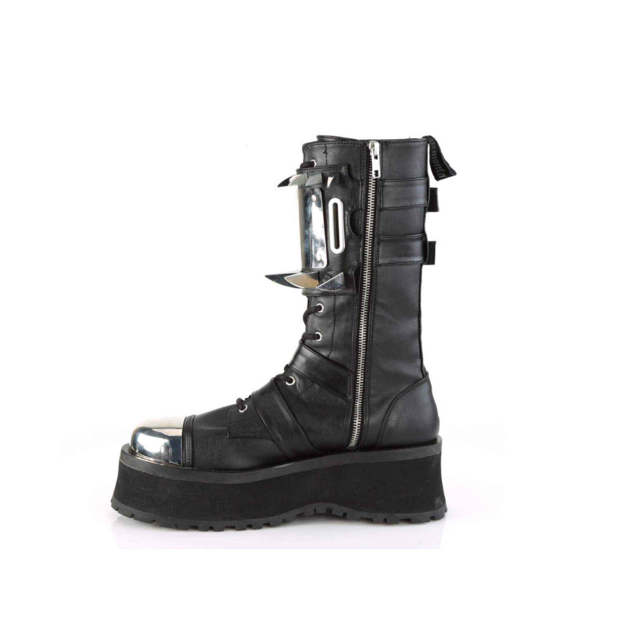 Metal toe cap platform boot claw spikes chrome shin plate buckled lace-up vegan leather 2.75 inch platform Fetish Factory edgy footwear
