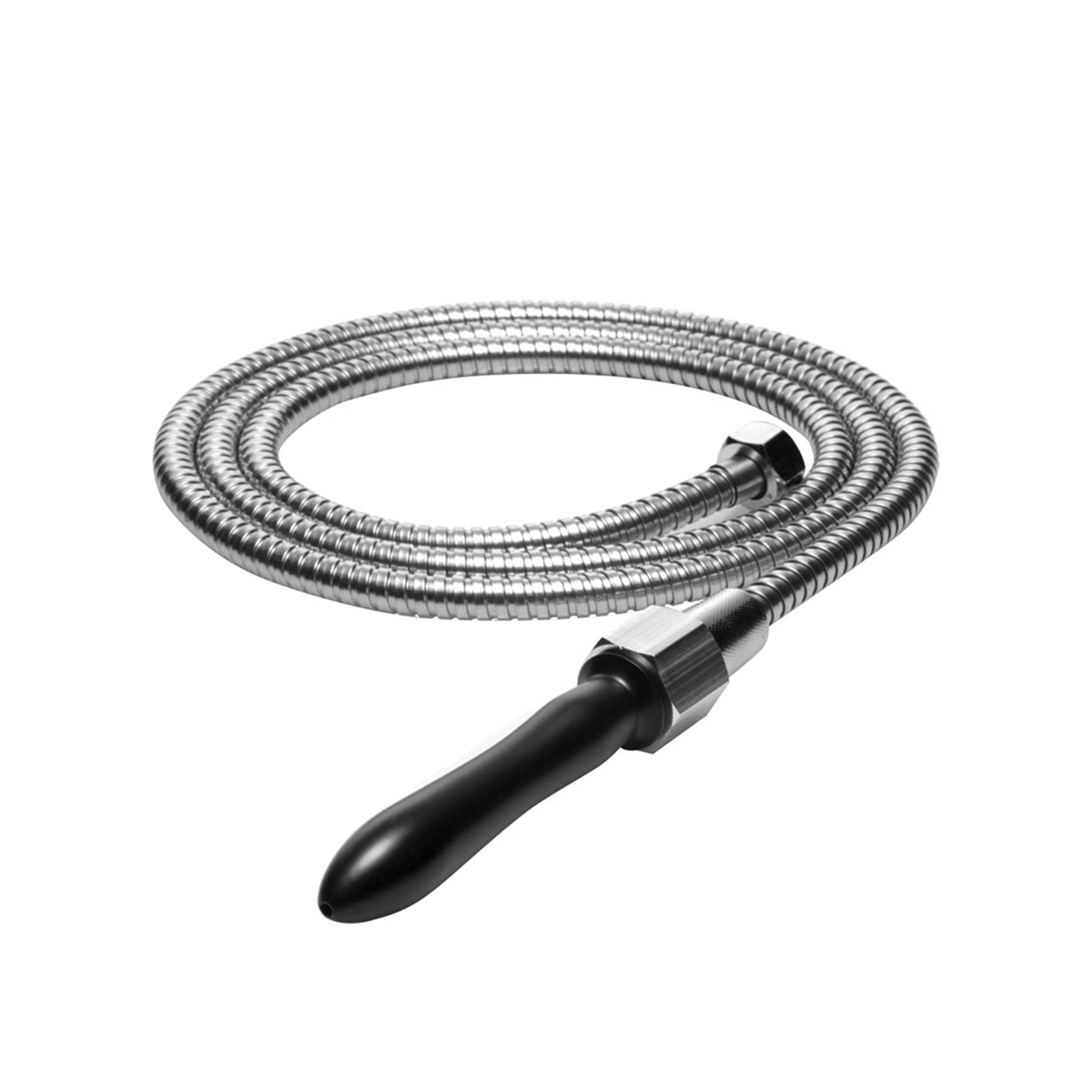 PVC vinyl plastic flexible metallic segmented hose intimate enema aqua-shot cleansing system shower cleaning clean deep-penetrating anal butt easy-insertion tapered shower-ready adult-hygiene medical kink kinky kinky-play adult-toys silver chrome black
