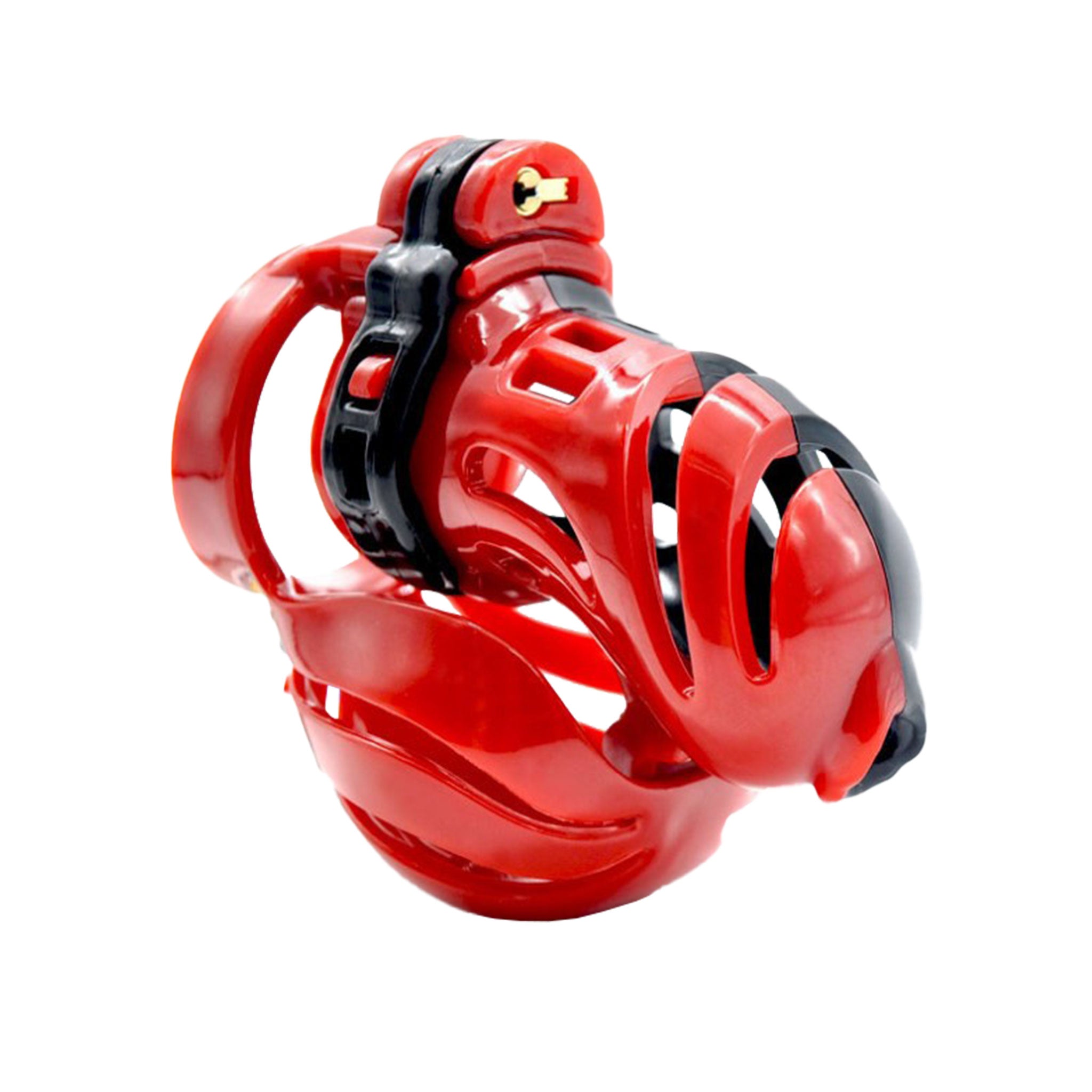 Plastic polycarbonate polycarbonate-plastic medical-grade cock cockring cock-ring chastity male-chastity lockable locking inverted-lock lightweight hypoallergenic durable bondage bdsm restraint kink kink kinky-play sadist sadism masochist masochism adult-toys red black